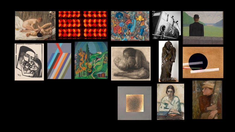 vor schwarzem Hintergrund eine Auswahl der Kunstwerke des Hauses, unter anderem Werke von Uecker oder Magritte