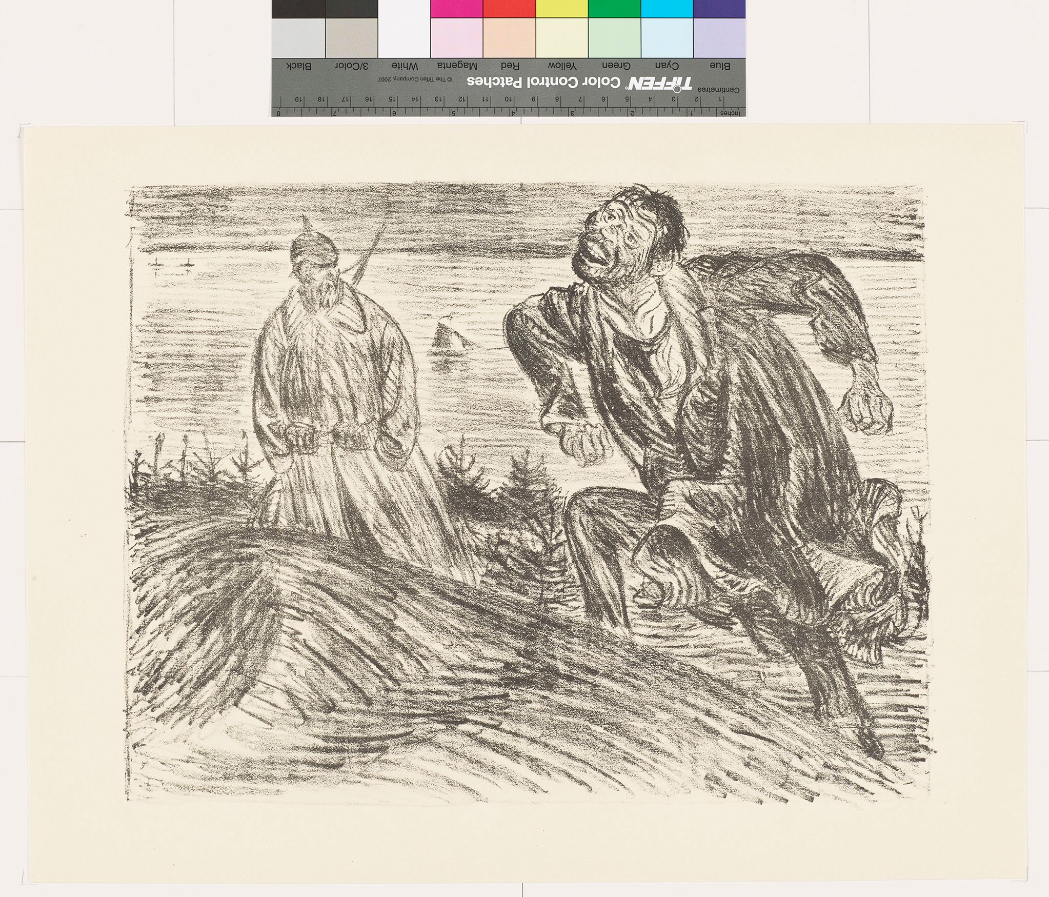 Skizze. Zwei Männer auf einem Berg mit einer Meereslandschaft im Hintergrund.