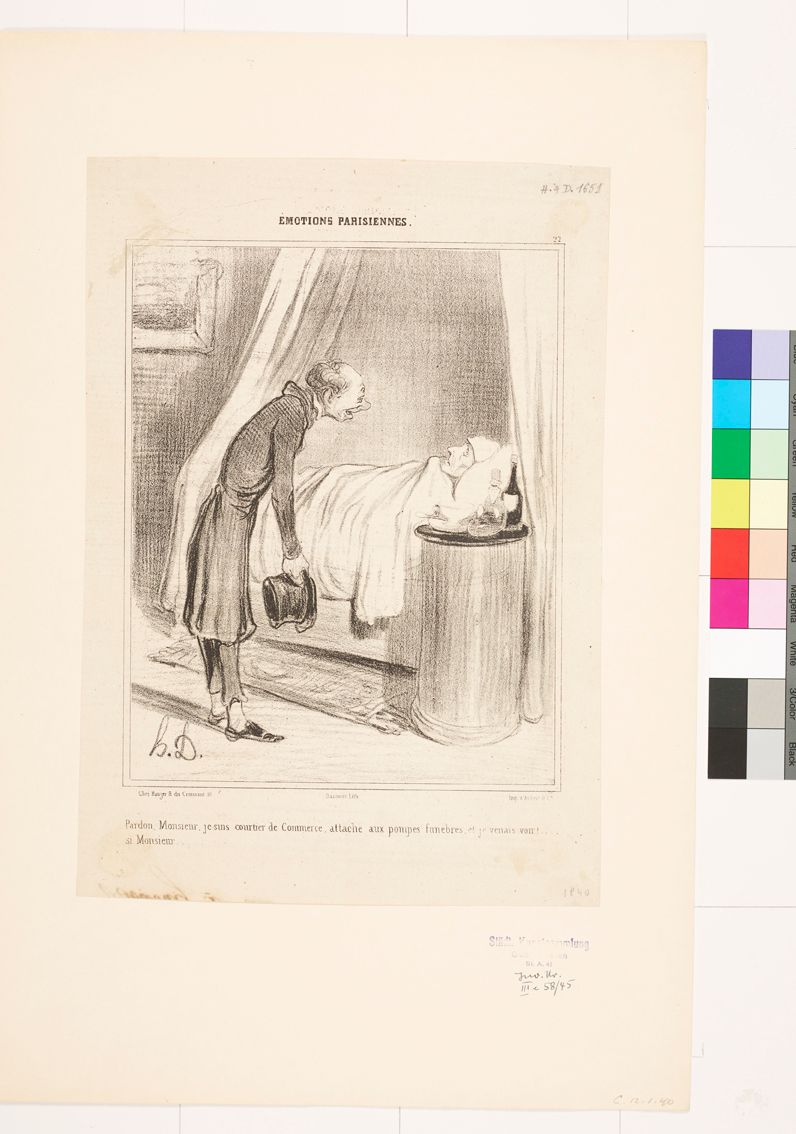 Zeichnung. Ein alter Mann mit Zylinder in der Hand begrüßt einen alten Mann im Krankenbett.