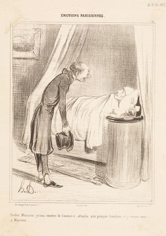 Zeichnung. Ein alter Mann mit Zylinder in der Hand begrüßt einen alten Mann im Krankenbett.