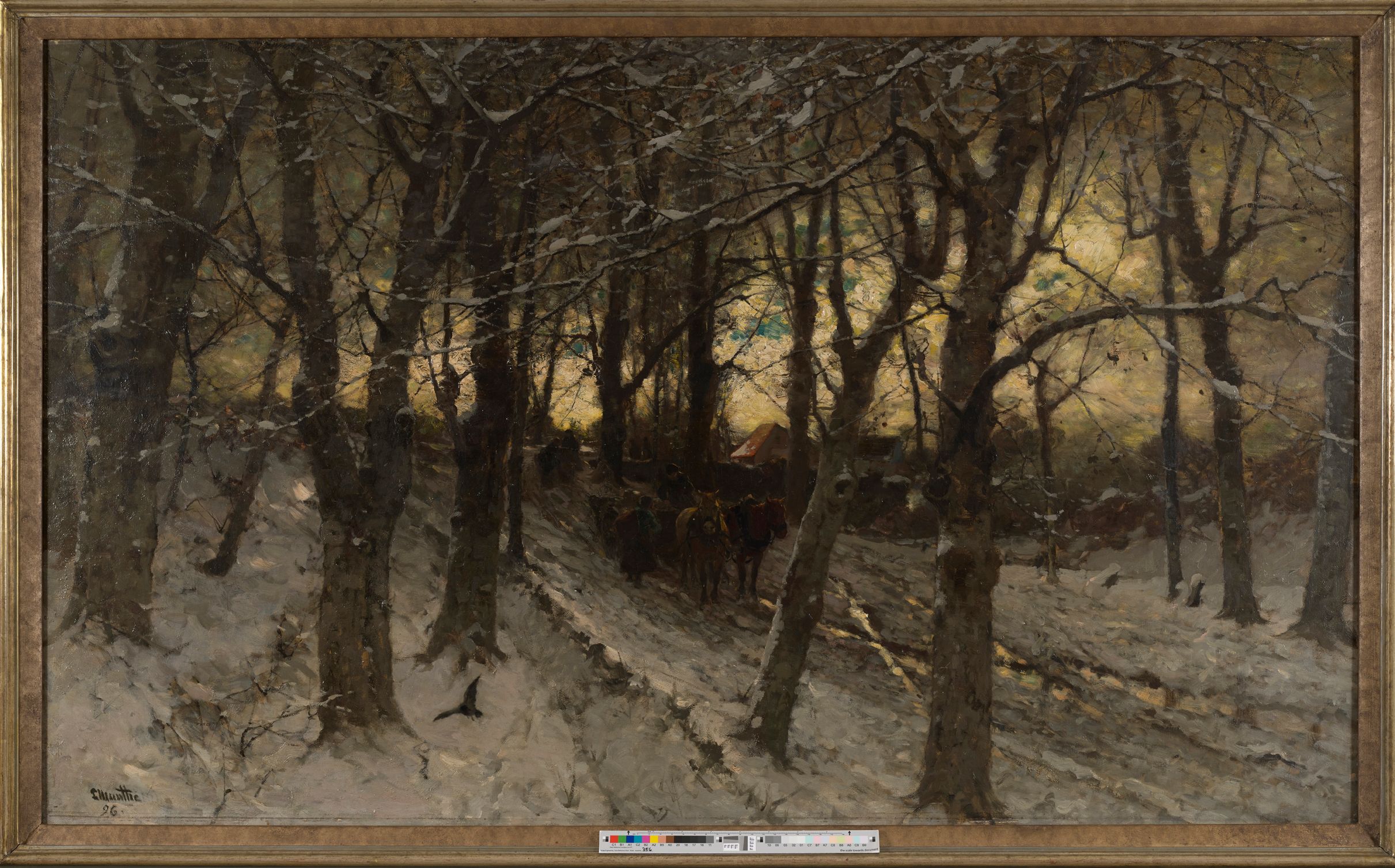 Gemälde. Winter-Waldlandschaft am Abend. Zwischen den verschneiten Bäumen sind Pferde zu sehen. Die Bäume sind verschneit und im Hintergrund geht die Sonne unter.  
