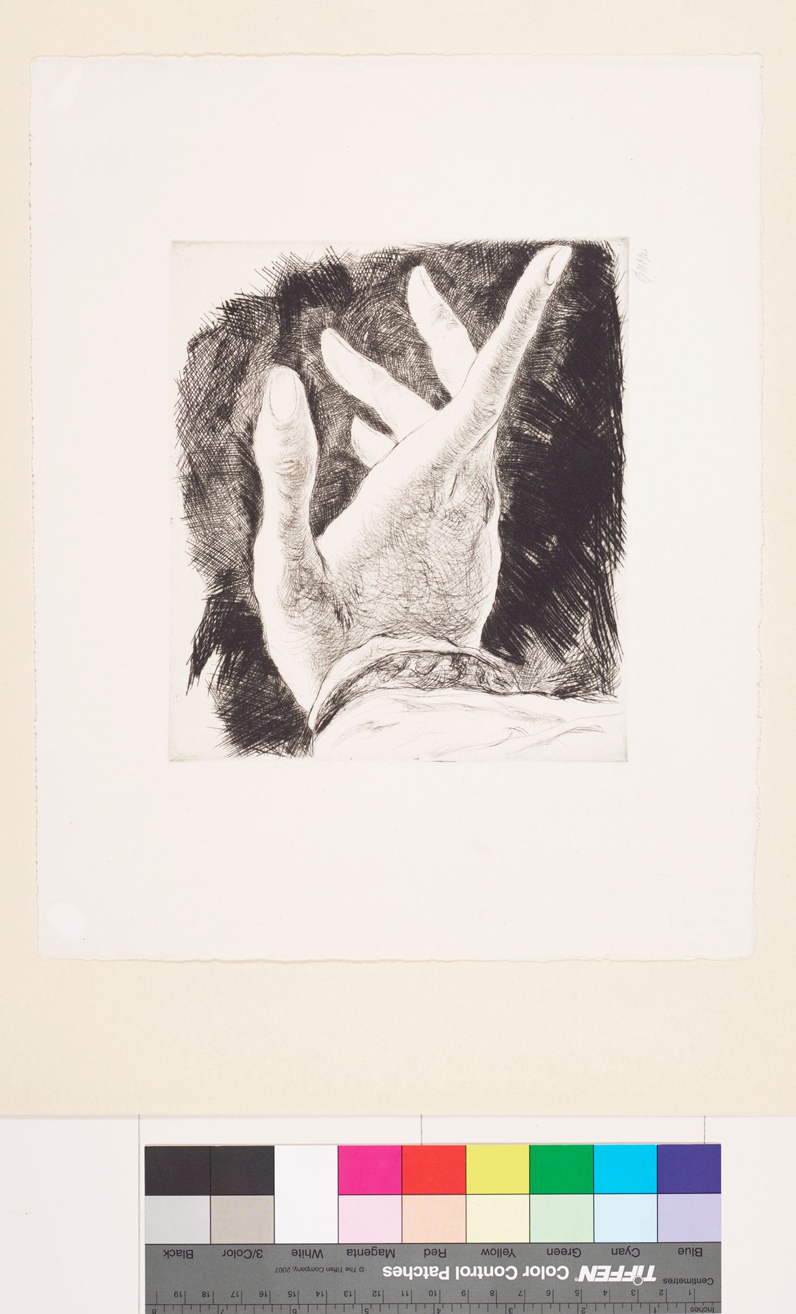 Radierung. Ein Handrücken mit nach hinten gestrecktem Zeigefinger. Auf schwarzem Untergrund. 