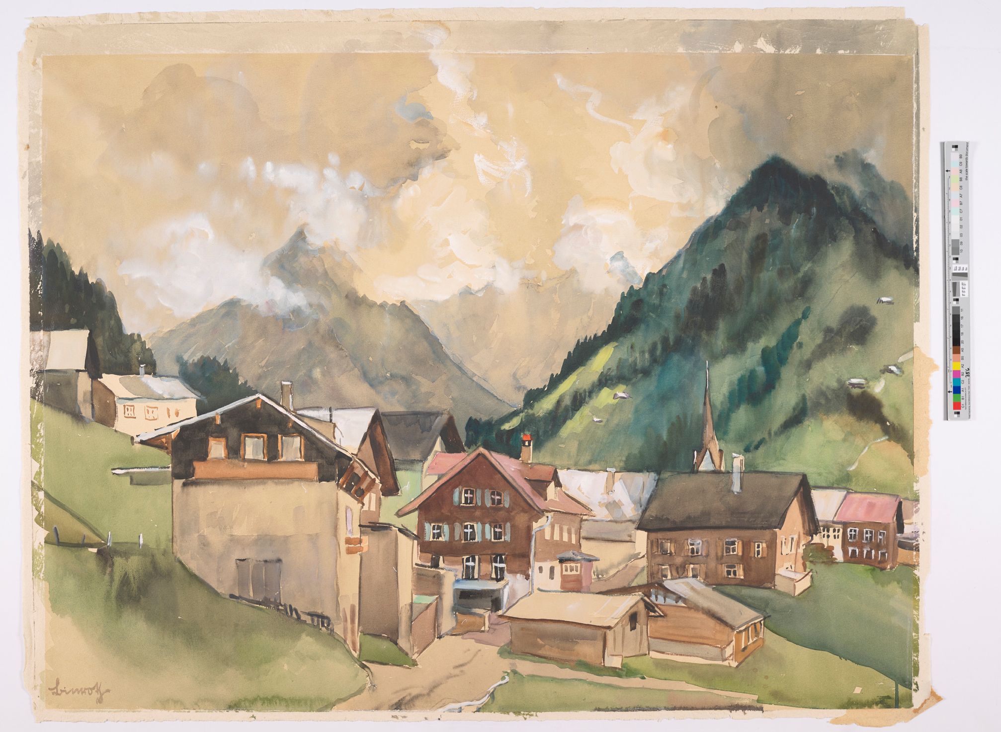 Landschaft eines Dorfes mit Bergen im Hintergrund. 