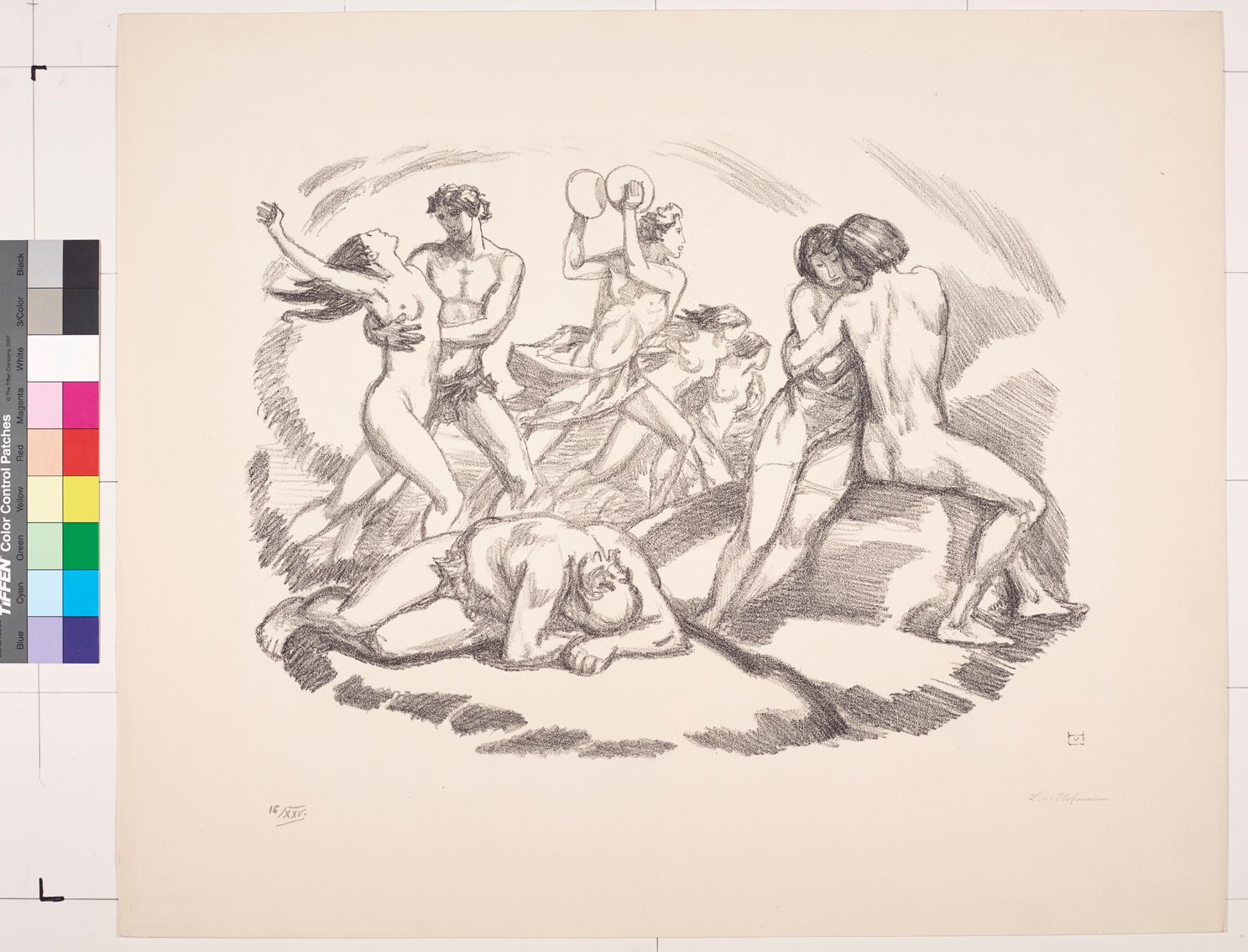 Zeichnung. Nackte Männer und Frauen miteinander. Rennende Personen und eine am Boden weinenden Person. 