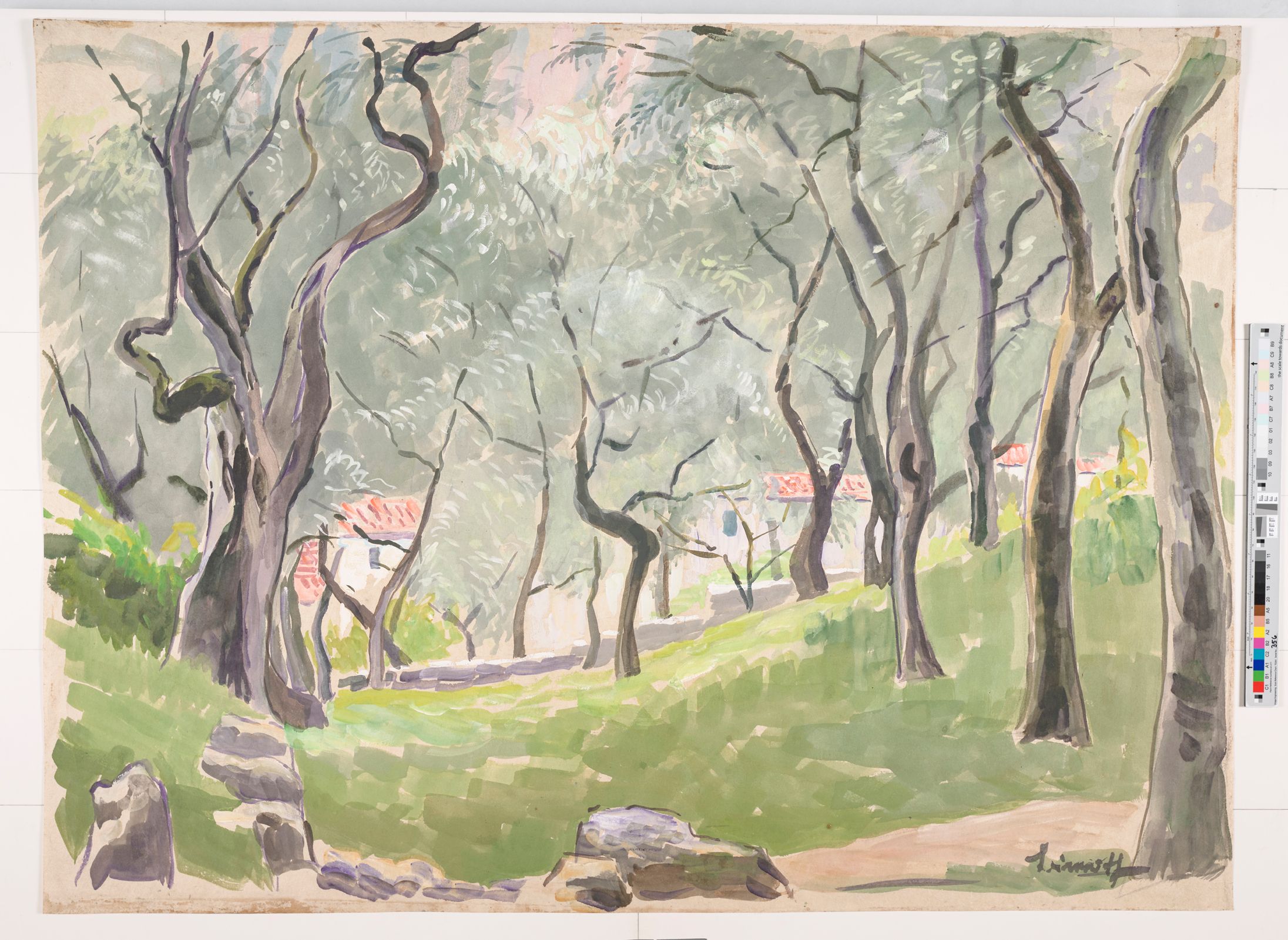 Ein Wald mit einem Gehweg, Steinen und Bäumen, mit einem Durchblick auf Häuser. 