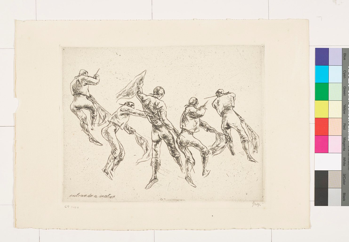 Körperstudien. Mehrere Ansichten von einem springenden Mann mit einem Schwert und einem Tuch in den Händen. 