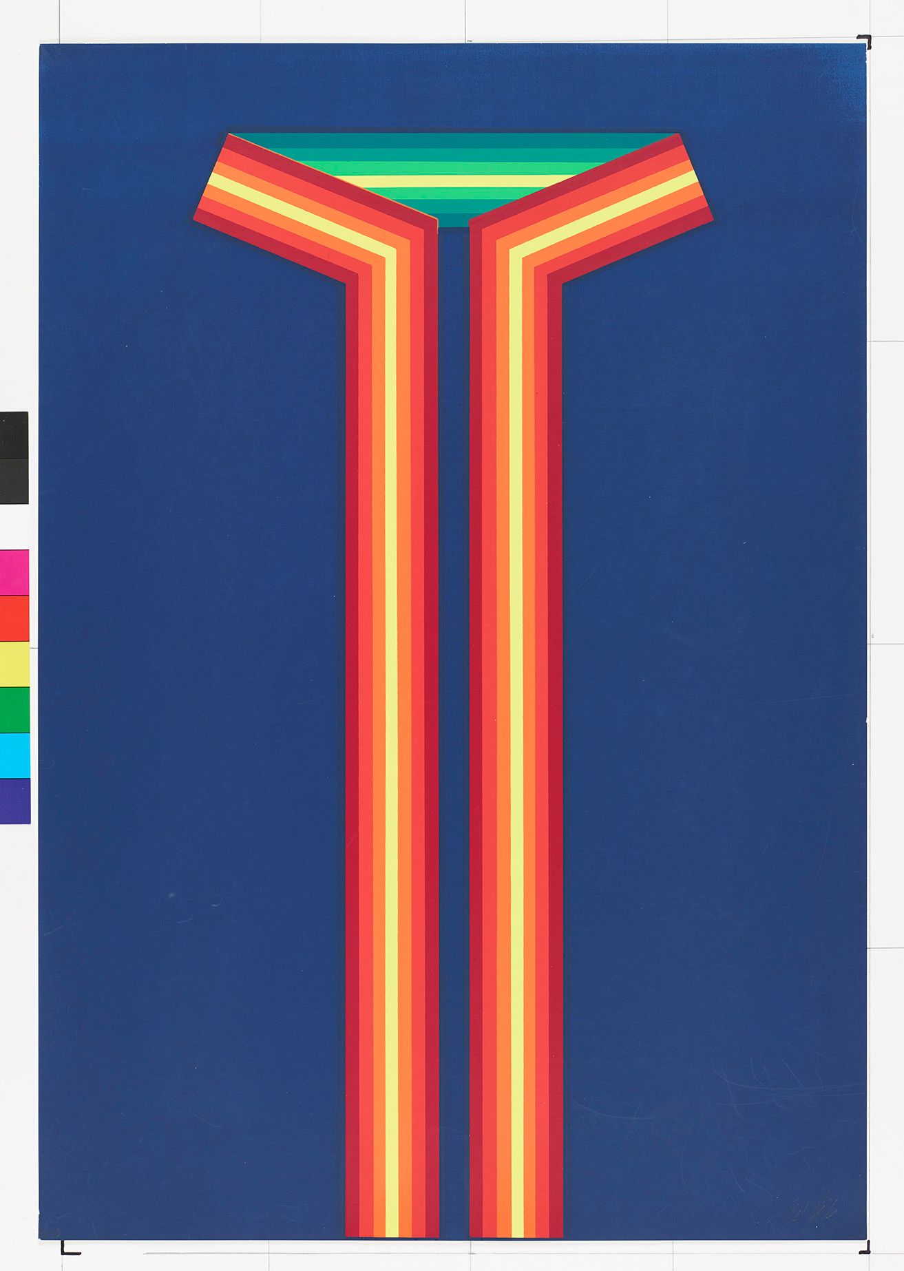 Optic-Art. Vertikale Balken, die zu einem Trichter verlaufen. Die Balken sind in schmalere Balken mit Farbstufungen geteilt (Farben: rot, orange, gelb, blau, türkis).