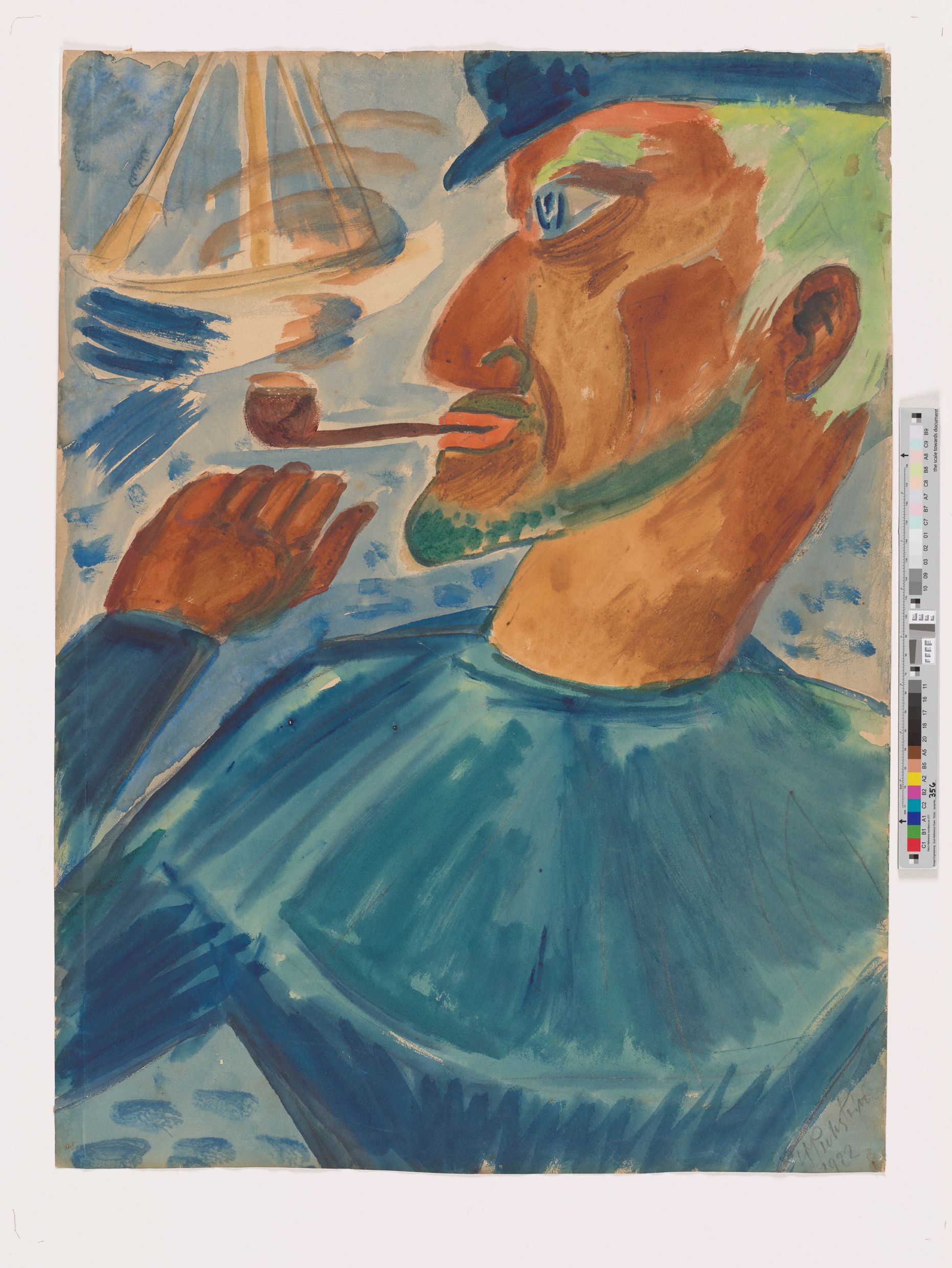 Portrait eines blonden, bärtigen Seemanns in einem etwas naiven Duktus. Er ist bekleidet mit einem blauen Wollpullover und Mütze und raucht eine Pfeife zu der er seine rechte Hand hebt. Links im Hintergrund ein angedeutetes Segelschiff.