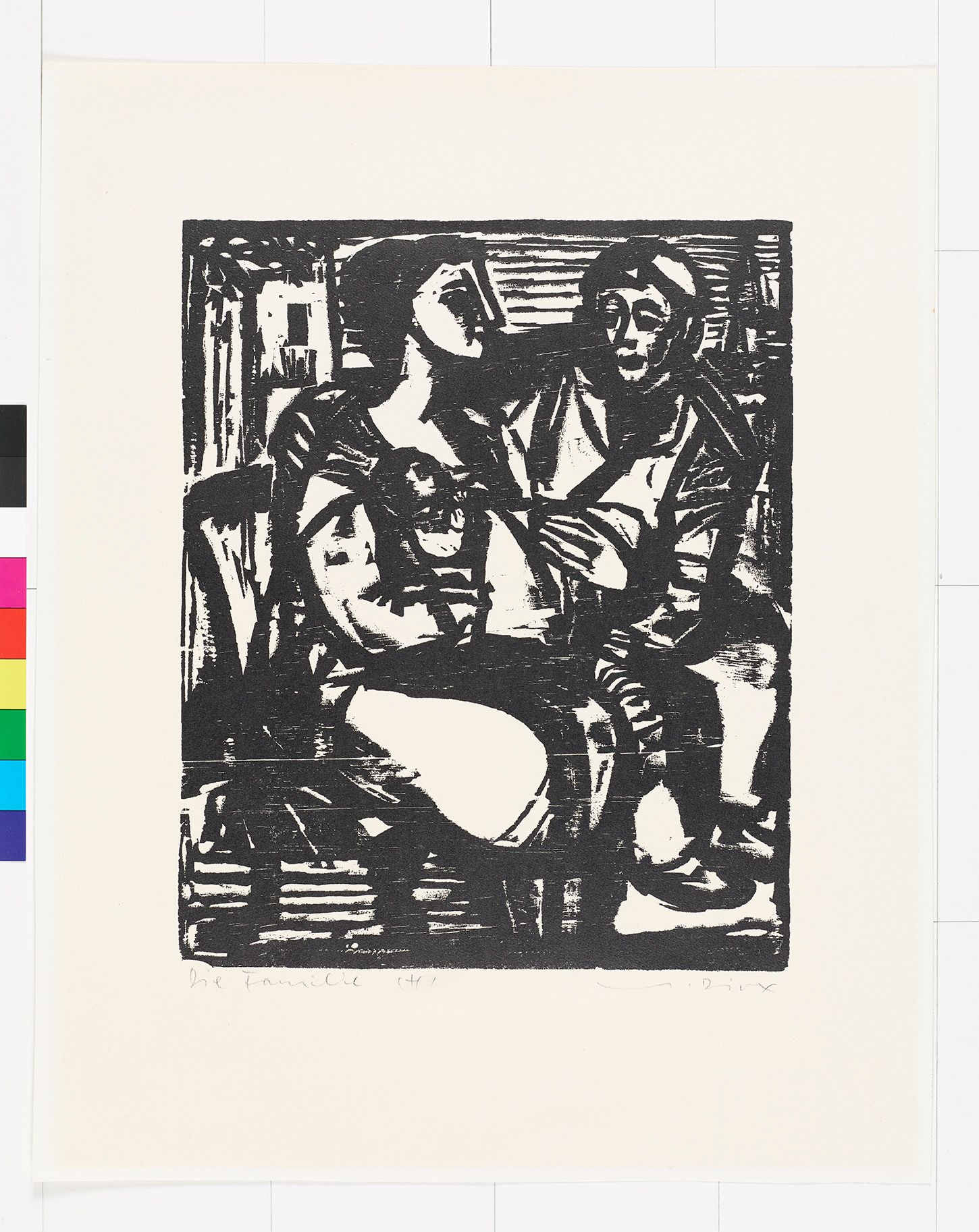 Abstraktes Bildmotiv. Sitzende Frau mit Kind im Arm und ein sitzender Mann. Schwarz-weiß.