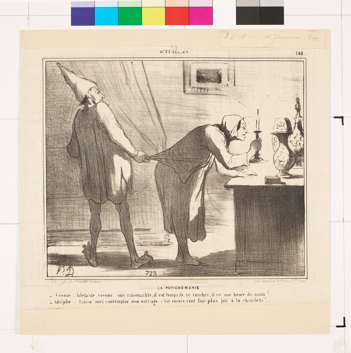 Zeichnung von zwei Personen in einem Zimmer. Der Mann trägt ein Pyjama Hemd und zieht am Cardigan der Frau. Die Frau hält eine Kerze in der Hand und beugt sich über den Tisch mit den Vasen.