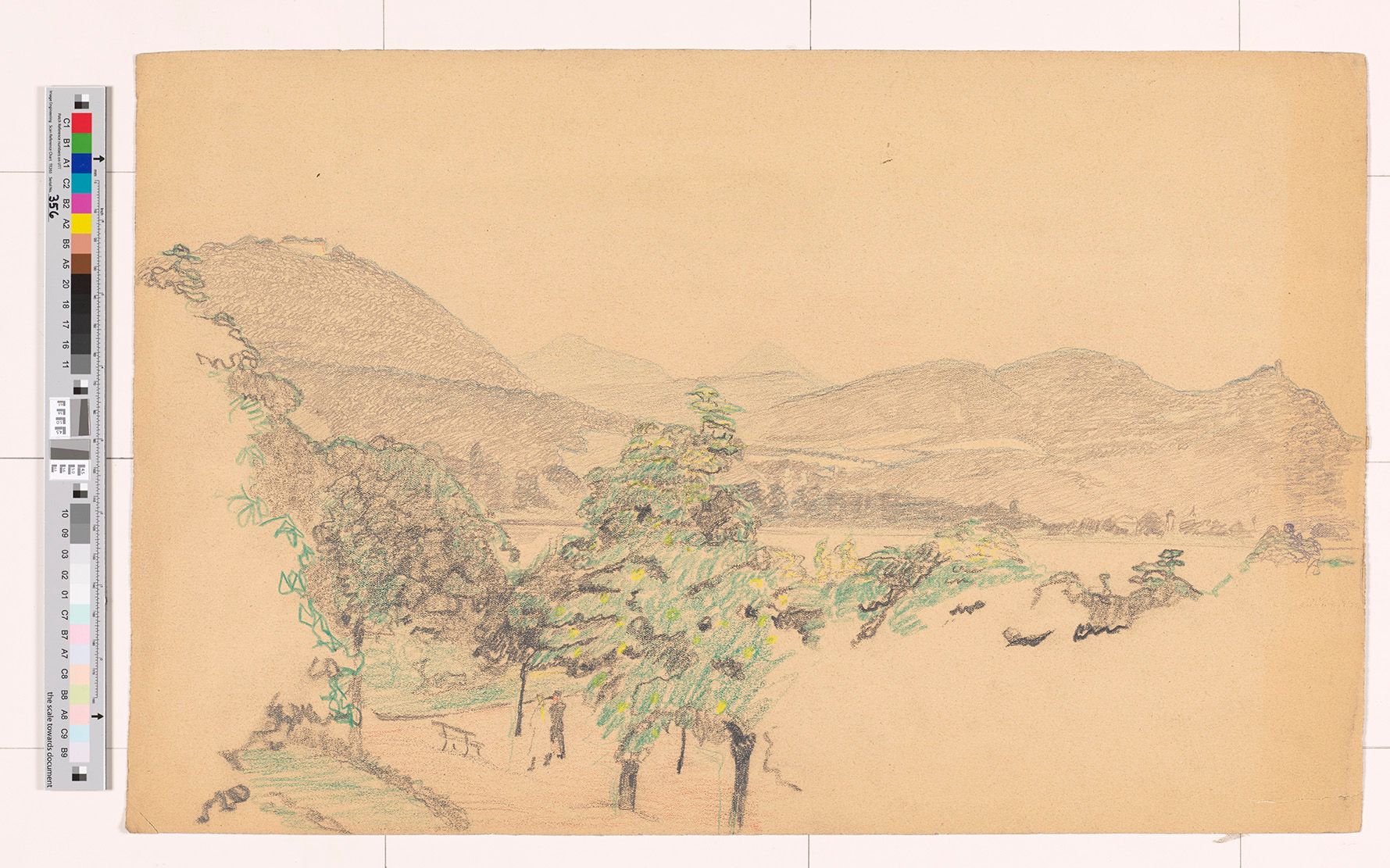 Skizze einer Gebirgslandschaft. Einige Details wie zum Beispiel die Baumkronen sind in grün ausgearbeitet worden.