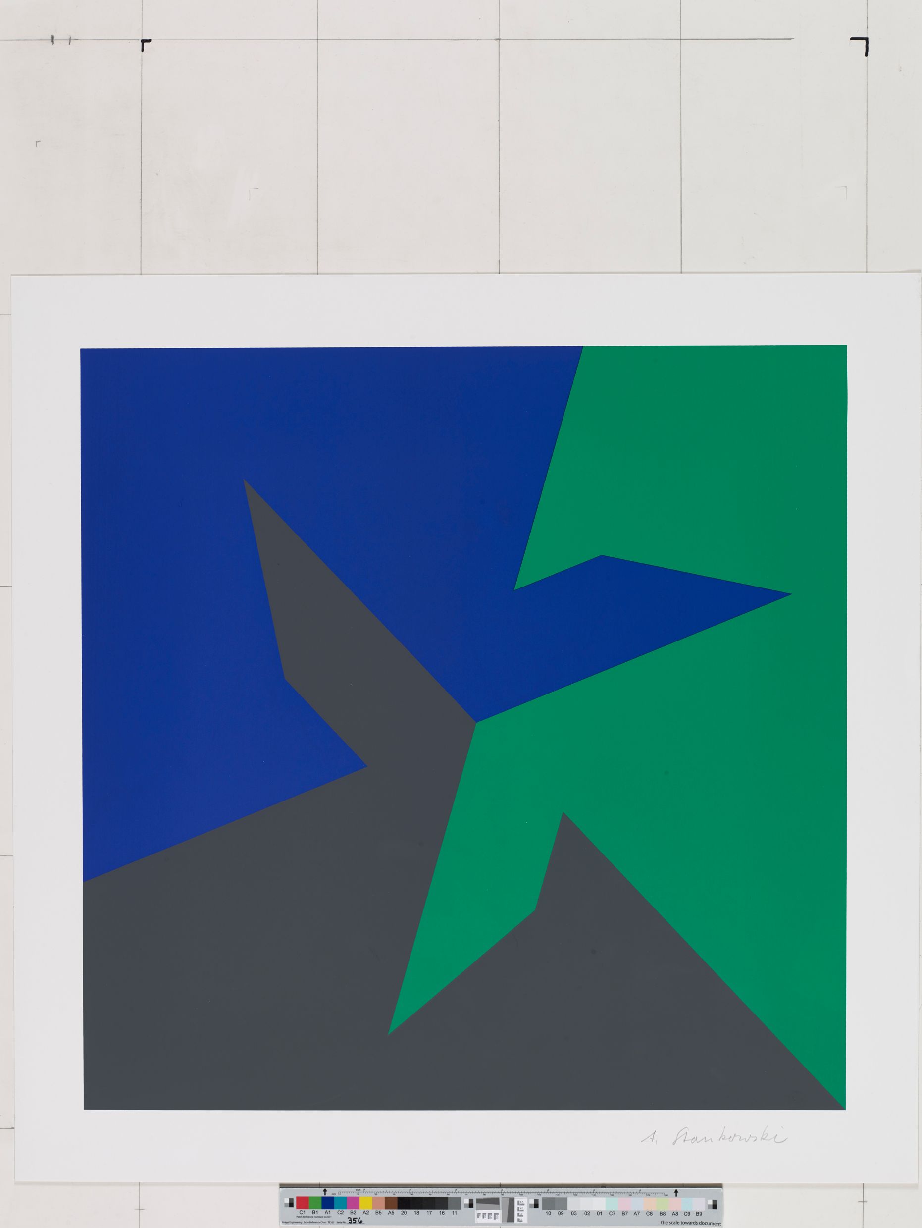 Abstrakte Grafik. Bild unterteilt in drei Farbflächen. Eine blaue, eine grüne und eine graue. Die einzelnen Farbflächen verlaufen ineinander und sind somit verbunden. 