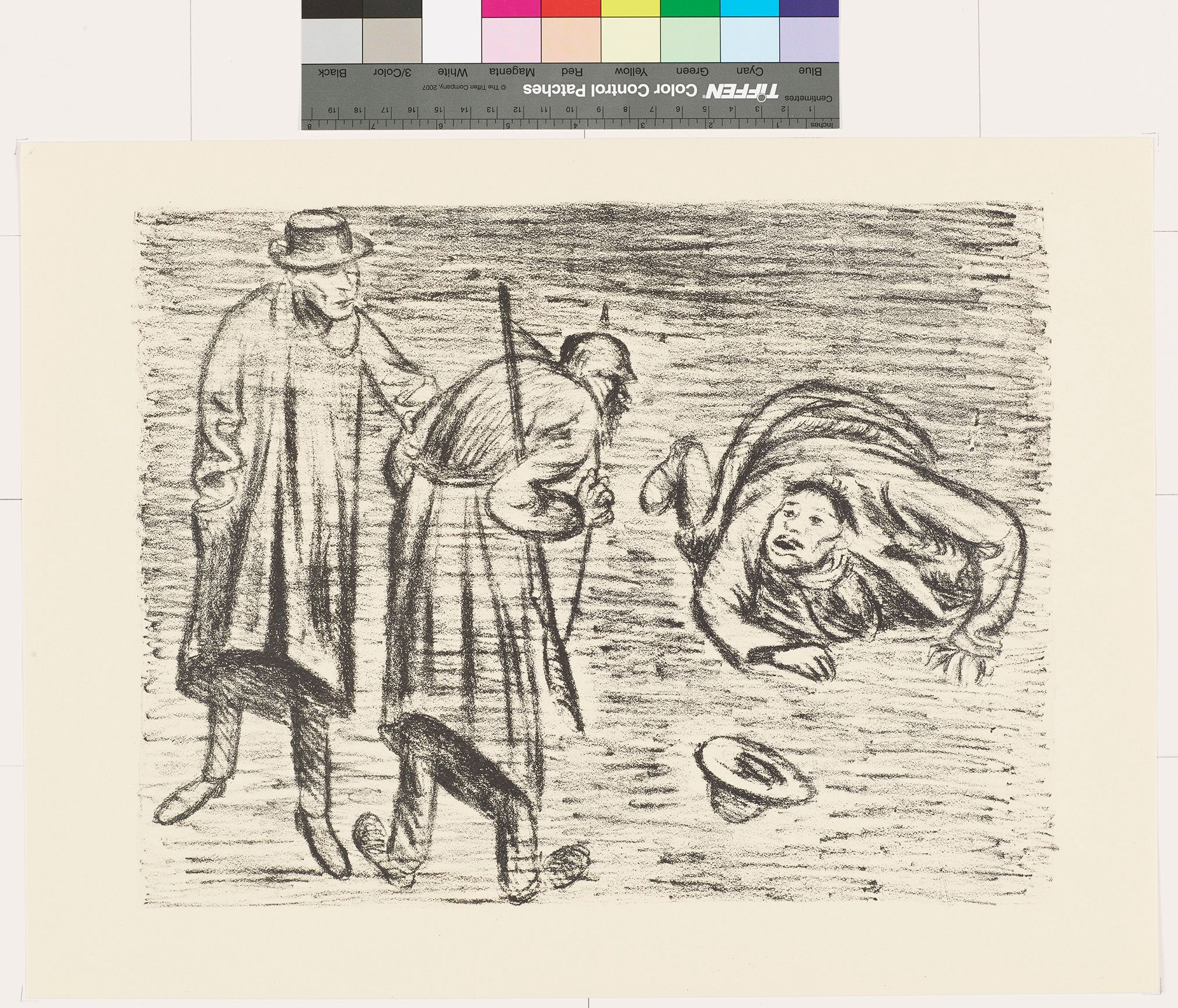 Skizze von drei Männern. Der linke Mann trägt ein Gewehr und schaut zu dem rechten Mann am Boden.