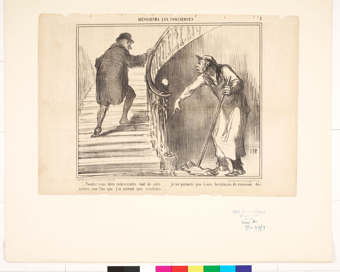 Zeichnung. Ein Mann der die Treppe hochsteigt und ein Mann der den Boden wischt.