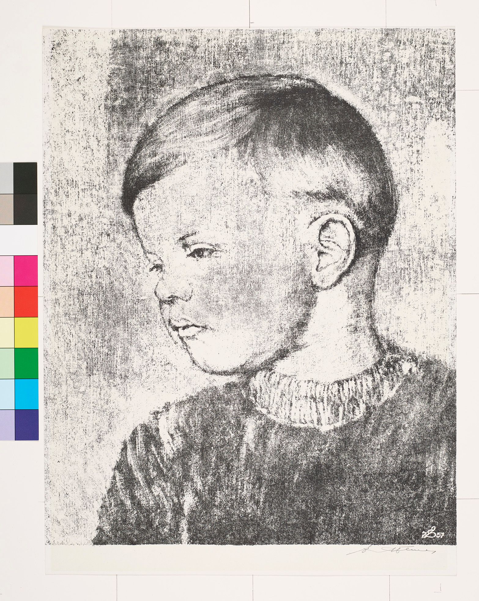 Zeichnung. Seitenprofil eines kleines Jungen mit Seitenscheitel und Pullover.