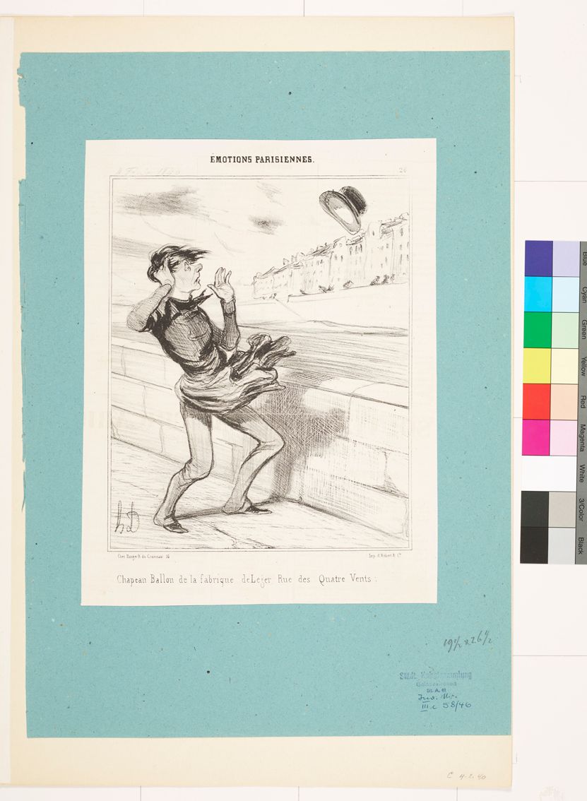 Zeichnung. Eine Junge dem der Zylinder wegfliegt.