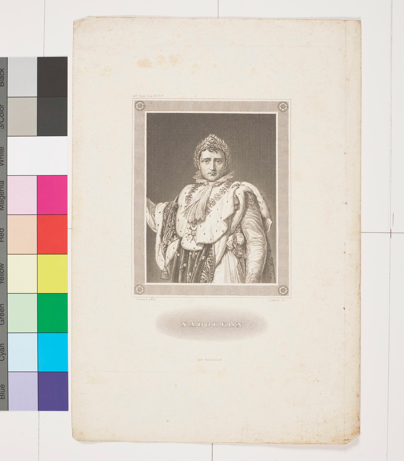 Adelsportrait von Napoleon in prächtiger Kleidung und einem Kranz auf dem Kopf.