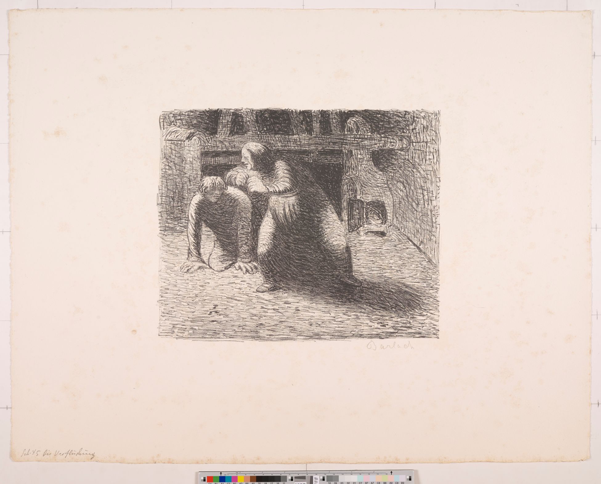 Zeichnung. Ein knieender Mann und eine sich auf ihn stützende Frau.