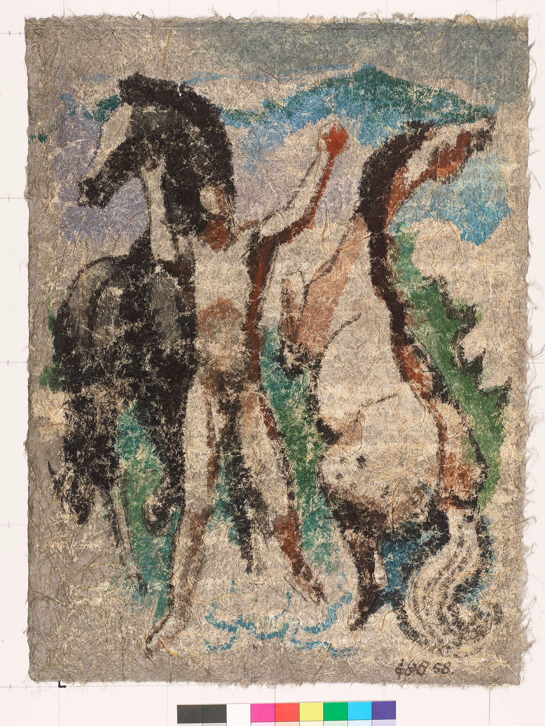 Abstraktes Bildmotiv von einem Mann und zwei Pferden. Der Mann hat beide Fäuste oben und das vordere Pferd steht auf zwei Hufen. 