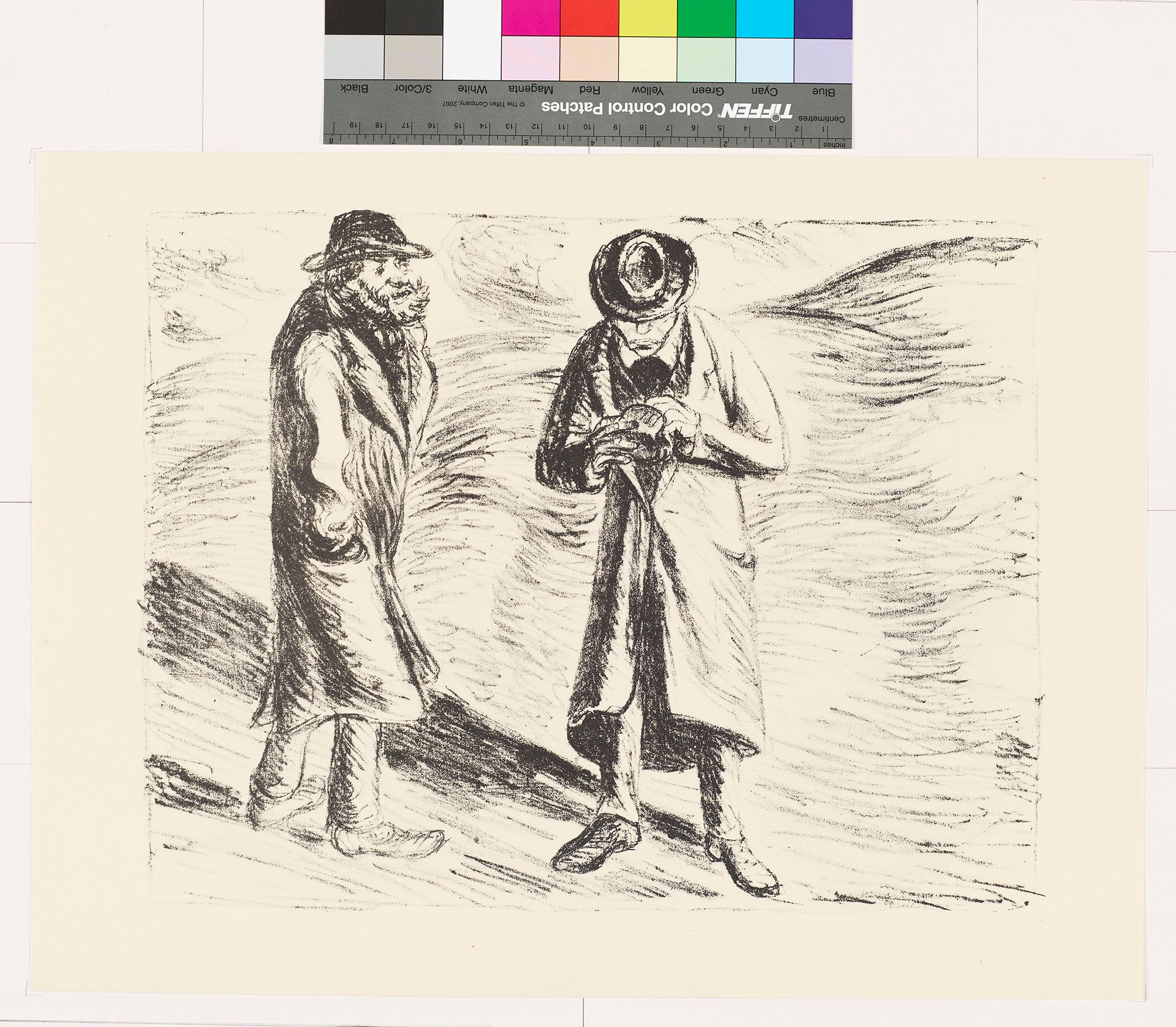 Zeichnung von zwei Männern in Mantel und Hut, auf einem windigen Feld.