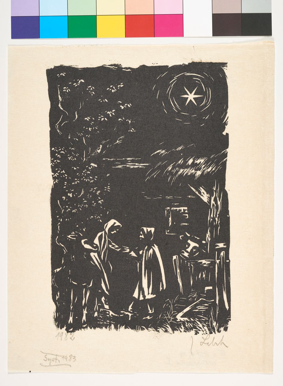 Vor einem Stall mit einem Ochsen hilf Josef Maria von ihrem Esel herunter. Am Himmel leuchtet rechts de Stern von Bethlehem.