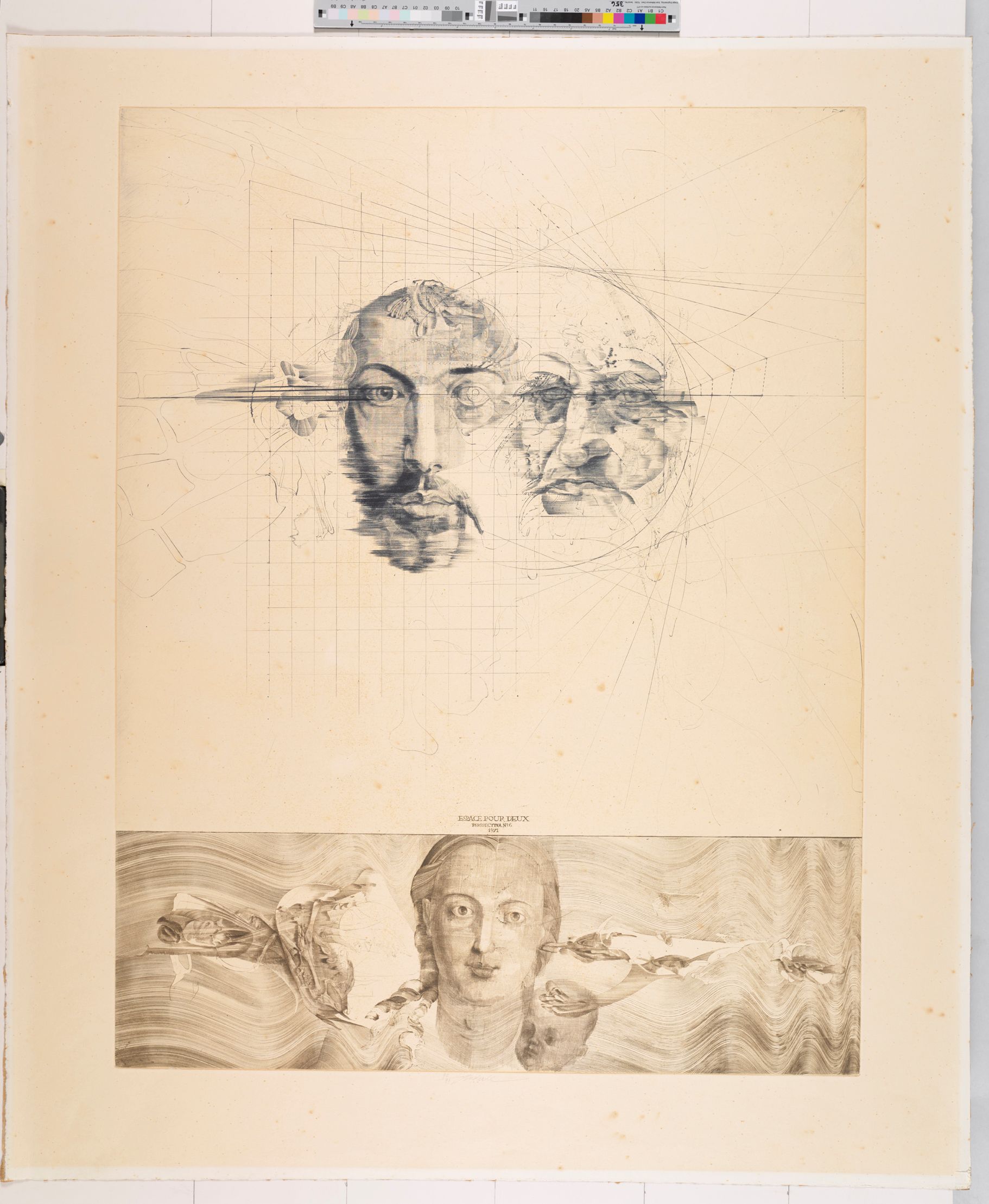 Abstraktes Bildmotiv. Vertikale Aufteilung mit einem Portrait von zwei männlichen Gesichtern. Und unten ein Portrait einer Frau mit Engeln im Hintergrund.