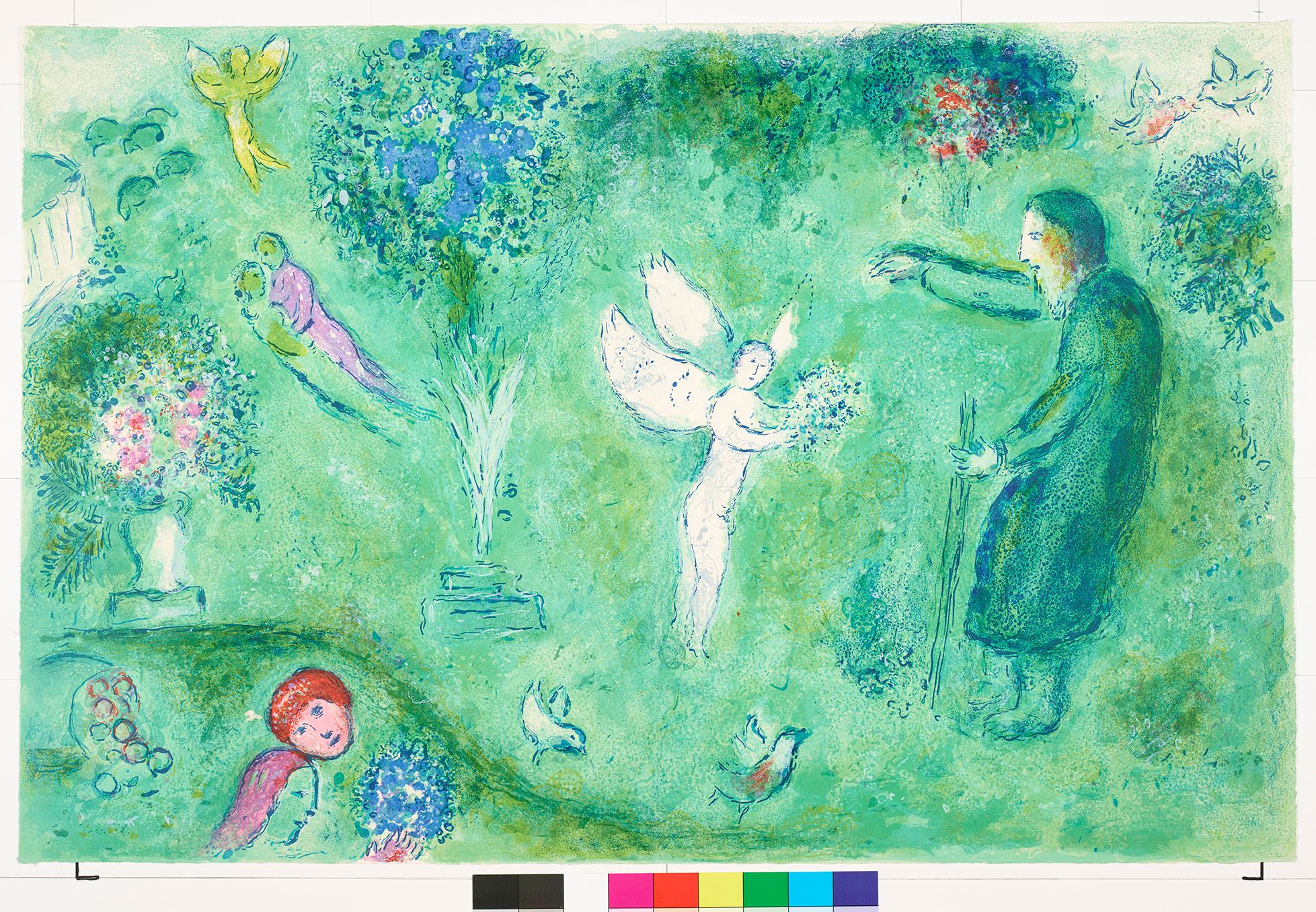 Abstraktes Bildmotiv von einem Garten. Ein Mann mit einem Gehstock steht vor einem Engel. Auf der linken Seite sind zwei Personen, die sich umarmen. Und unter ihnen zwei Gesichter.  