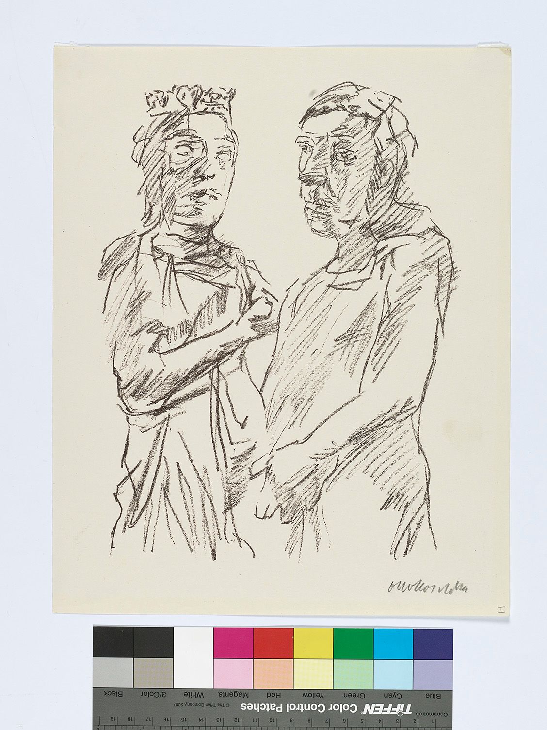 Skizze. Zwei stehende Personen. Die linke Person trägt eine Krone. 