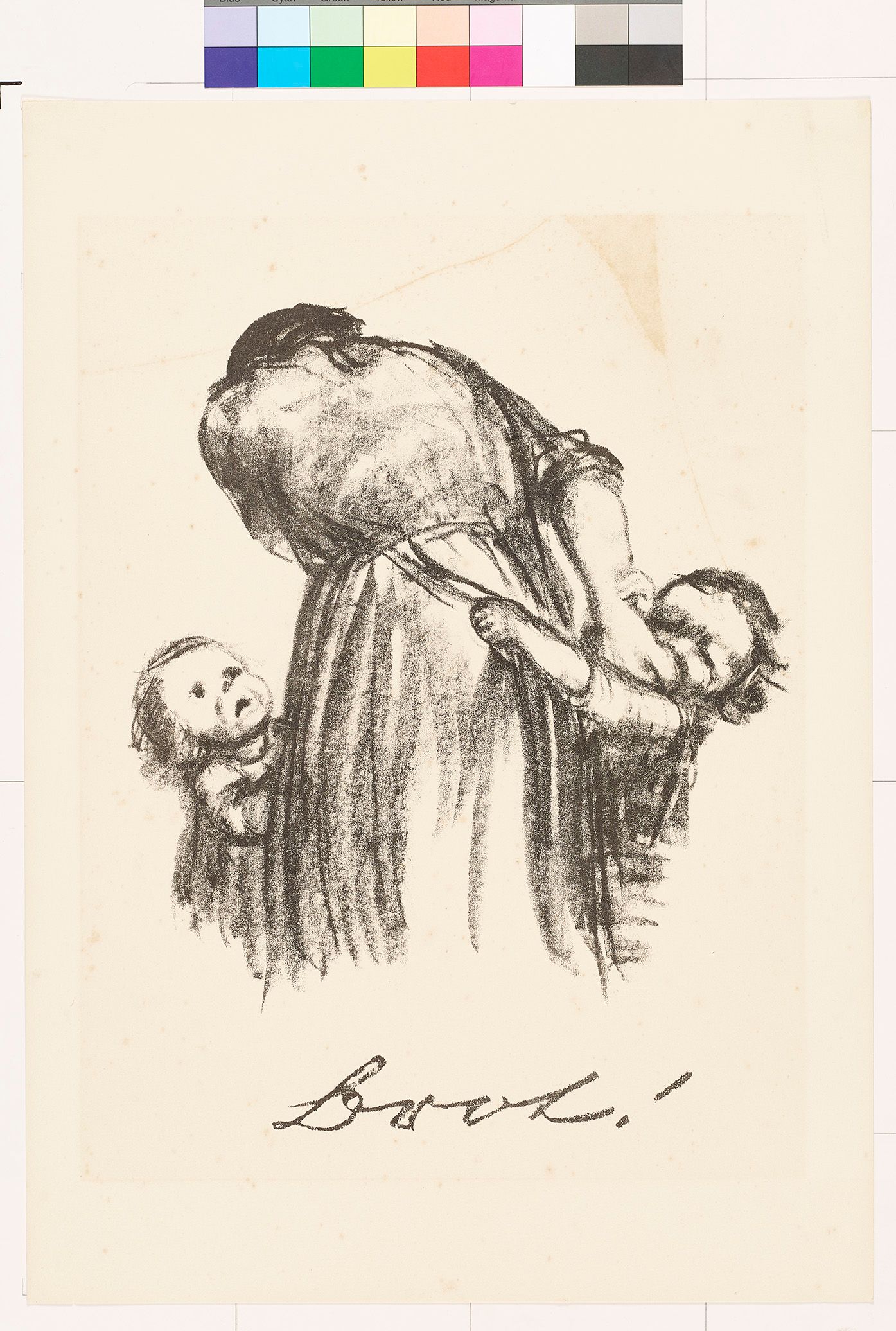 Eine Frau in einem Kleid und mit Schürze ist in Rückenansicht zu sehen. Zwei Kinder ziehen an ihrem Rock und blicken leidend zu ihr hinauf. Unterschrieben mit dem Ausruf "Brot!" wird deutlich, daß die Kinder hungern. Der linke Arm der Frau ist nicht zu sehen; im Kontext ist zu vermuten, dass sie mit der Hand im Gesicht um Fassung ringt.