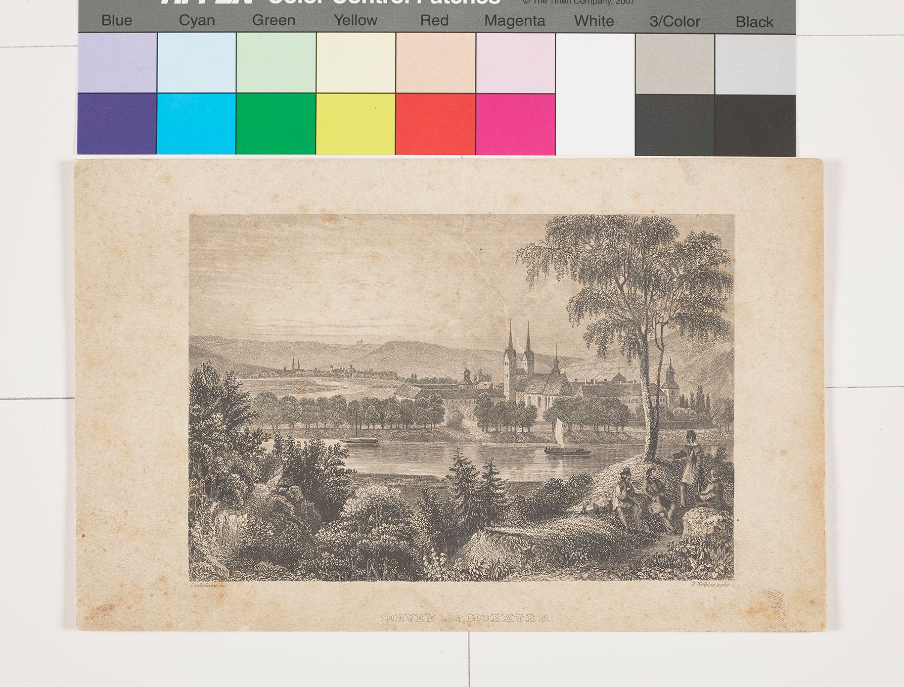 Landschaft mit Blick auf den Fluss und die Stadt.
