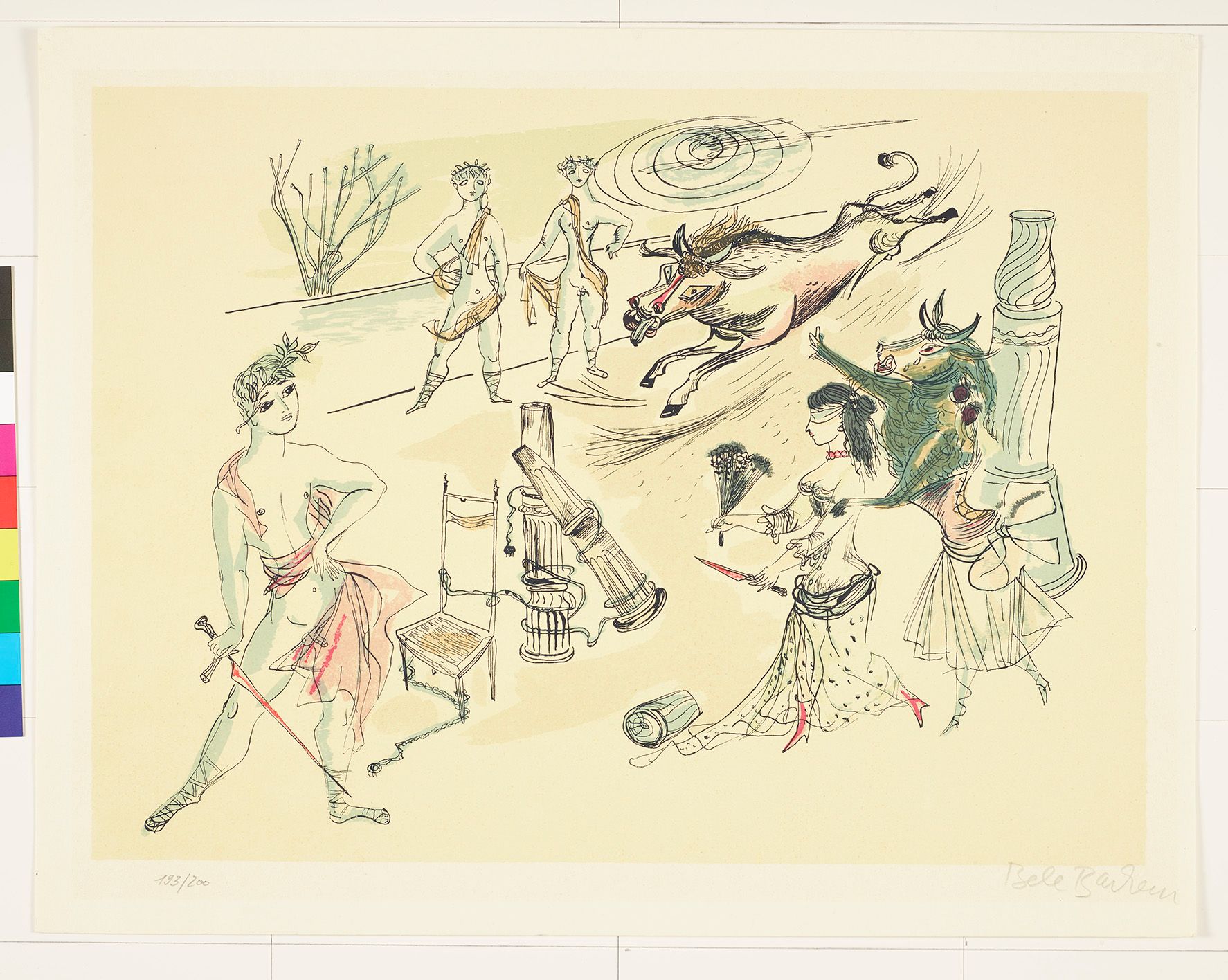 Abstraktes Bildmotiv. Zeichnung von römischen Figuren mit Kränzen auf den Köpfen und Stieren.