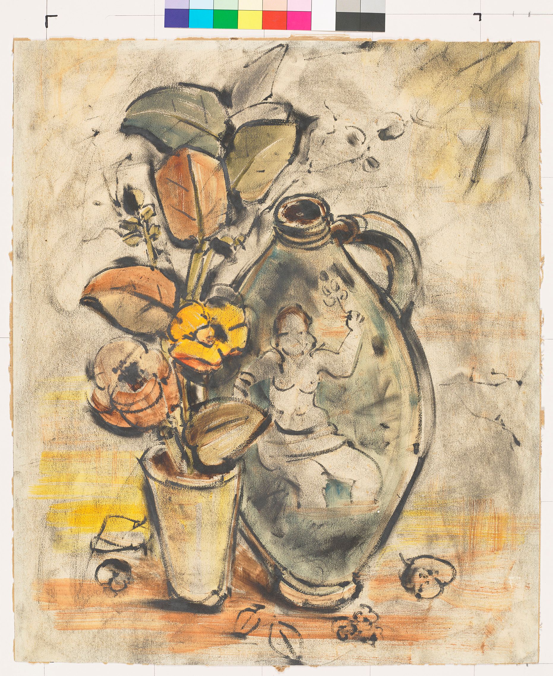 Links steht ein Blumenarrangement, sowohl Blüten, Blätter und Blütenknospen sind zu erkennen. Rechts steht eine große bauchförmige Vase, auf der eine Person sitzt und in der linken Hand eine einzelne Blume hält. Auf dem Boden liegen vereinzelte Blätter und Blüten. 