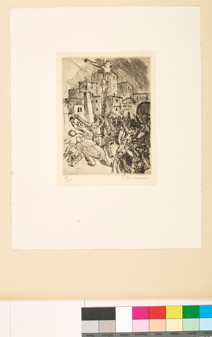 Zeichnung. Prophet am Kreuz auf dem Marktplatz und eine wütende Menschenmenge. 