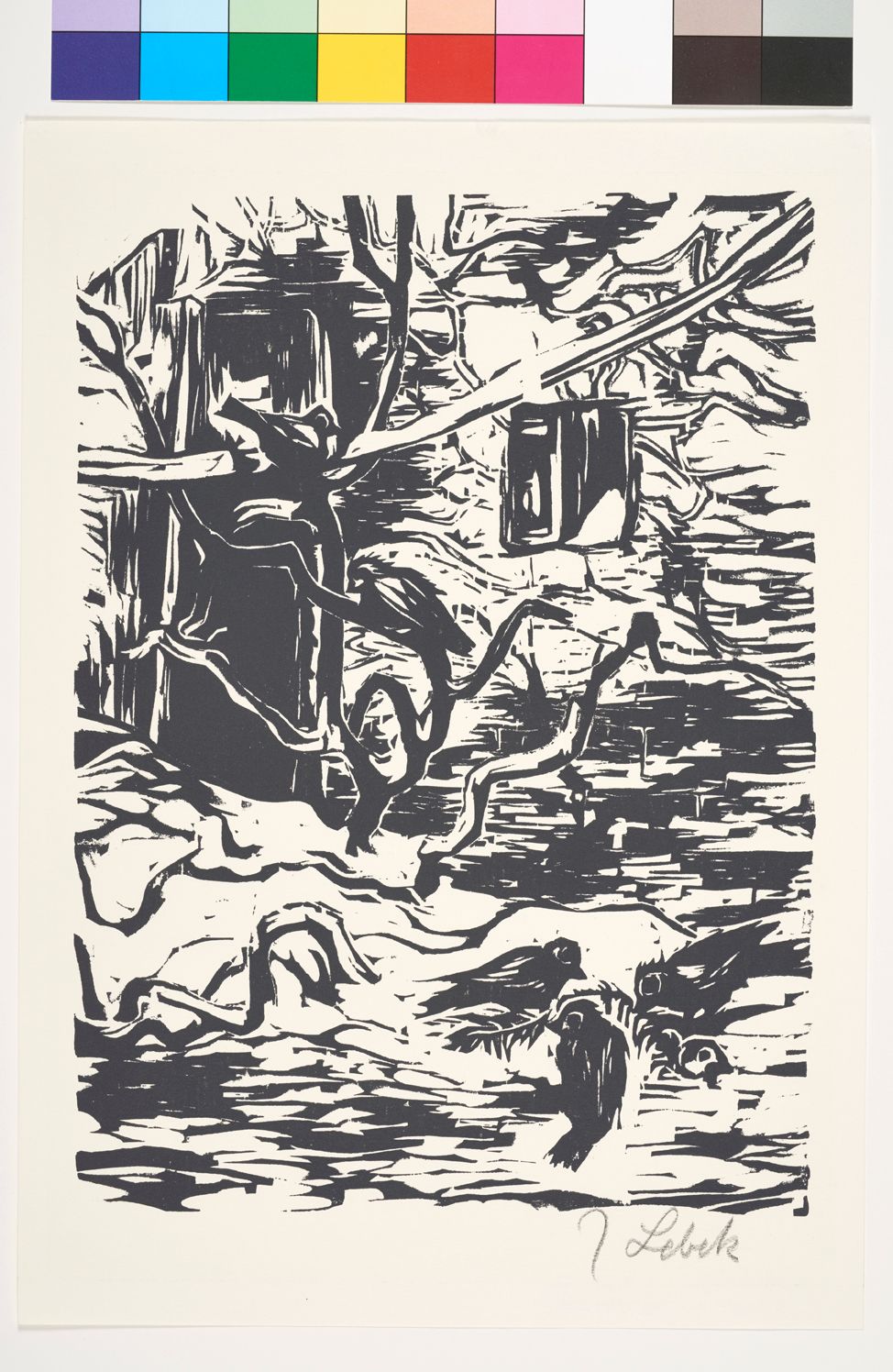 Vor der von Wurzeln und Ästen verdeckten Ruine eines Hauses picken drei Vögel an den Gräten eines Fischskeletts.