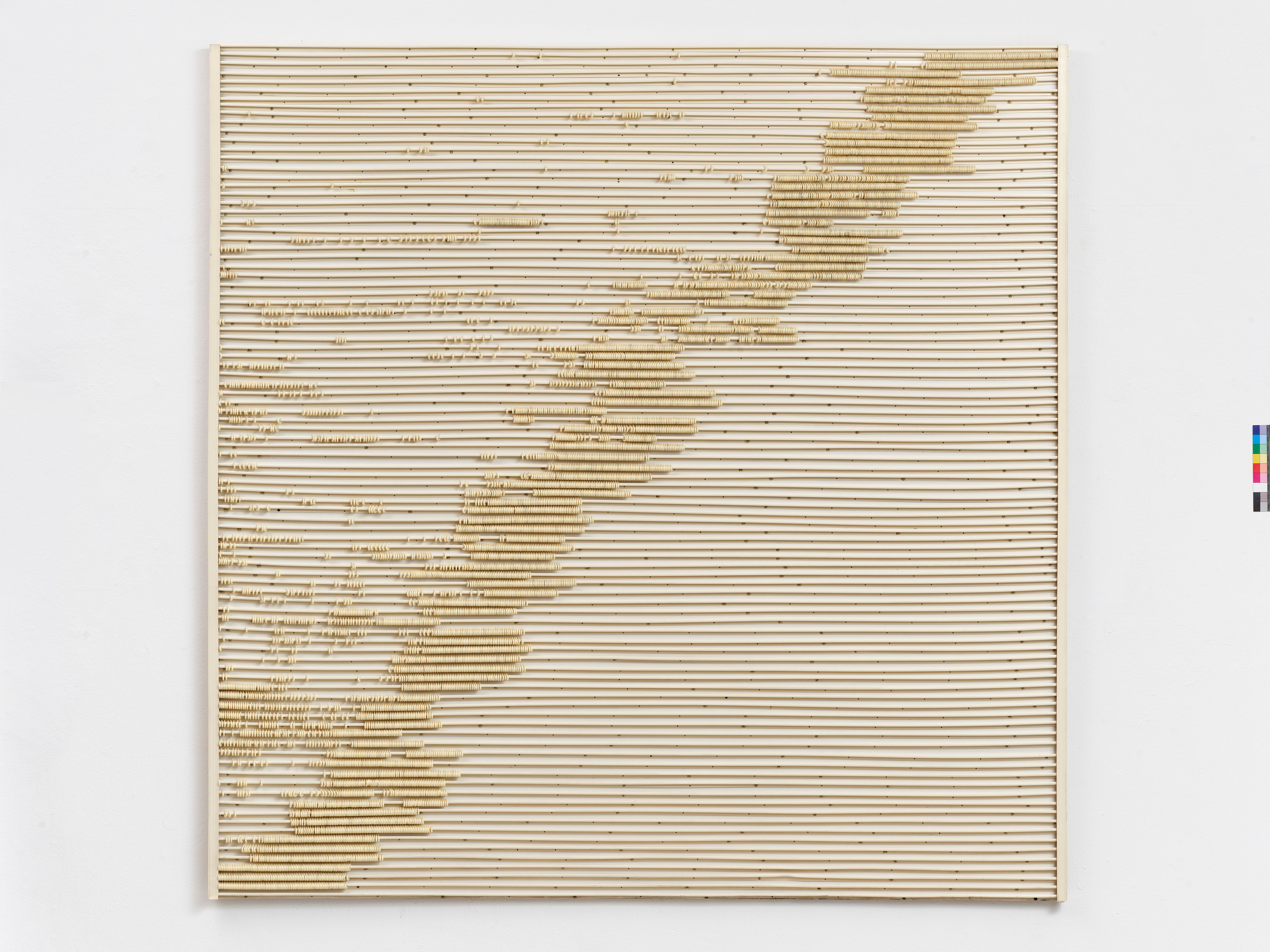 Rechteckiges Kunstwerk aus weißen Gardinenschienen mit beweglichen Gardinenringen aus Kunststoff.