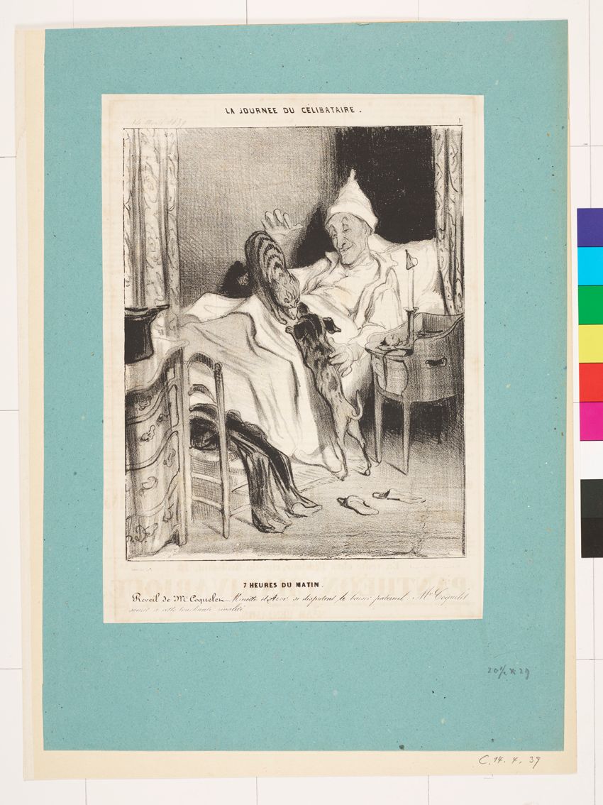 Zeichnung. Ein im Bett liegender Mann. Auf ihm greifen sich Hund und Katze an.