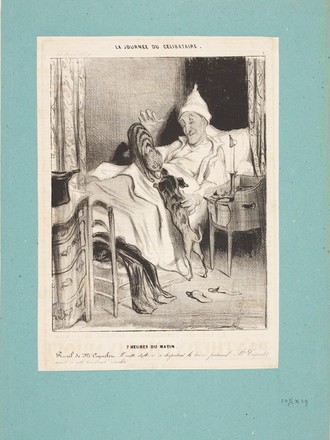 Zeichnung. Ein im Bett liegender Mann. Auf ihm greifen sich Hund und Katze an.