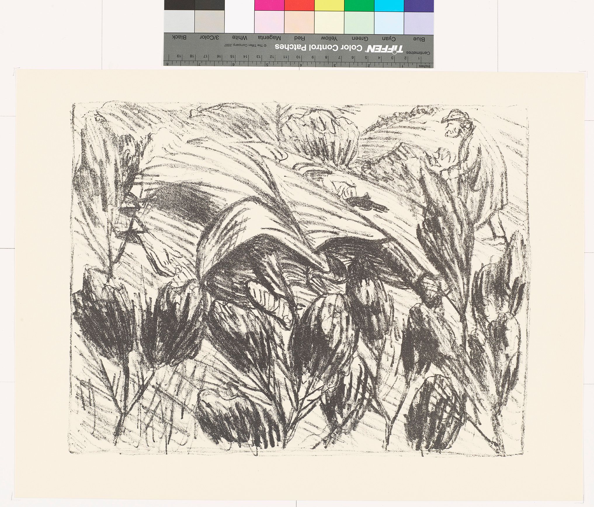 Abstrakte Skizze mit Pflanzen im Vordergrund. Ein Mann liegt mit einer Pistole auf einem Hügel. Im Hintergrund läuft ein anderer Mann.