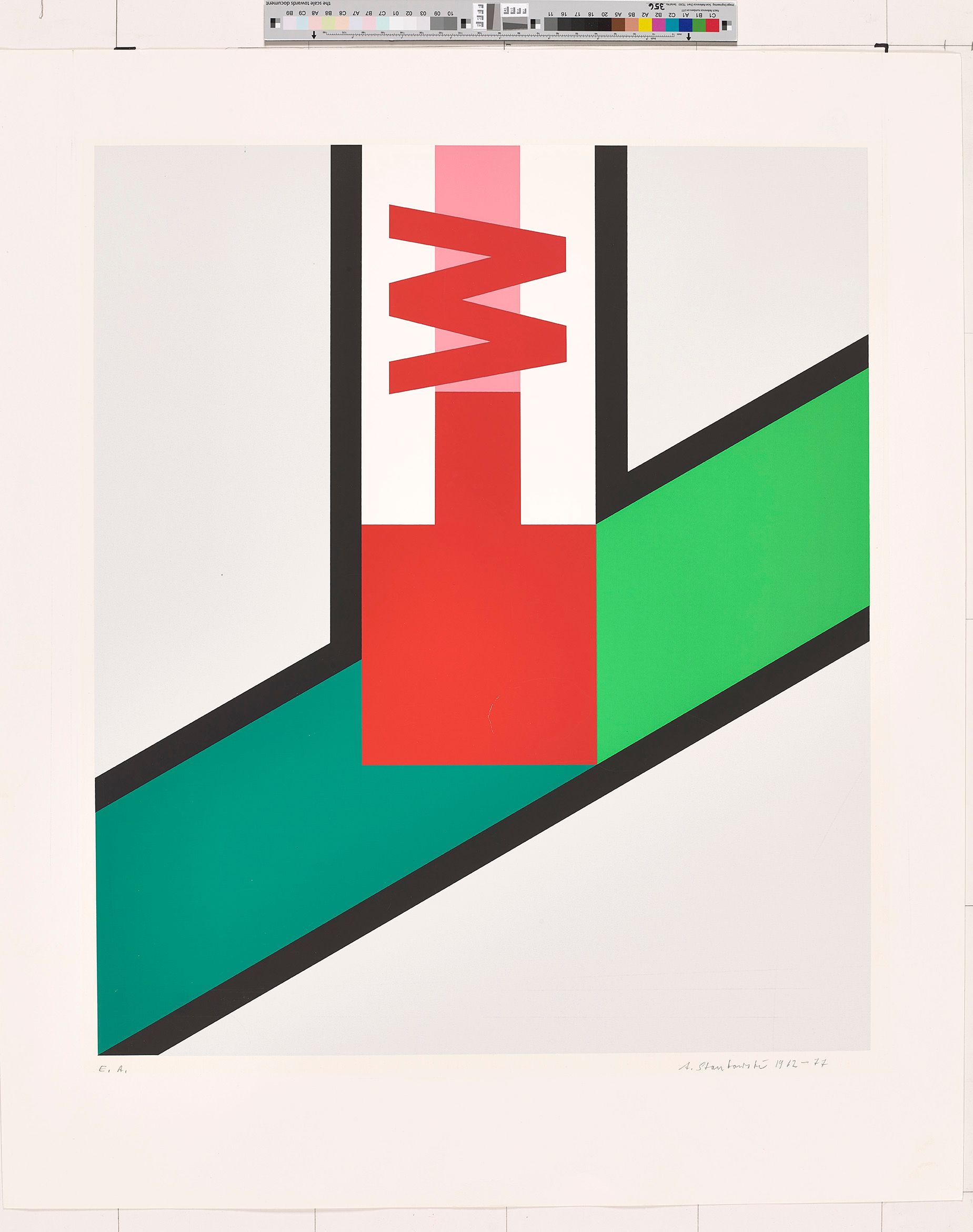 Mehrer Abstrakte Formen, umrandet von schwarzen Linien. Die schwarzen Linien gehen zum einen von links leicht nach rechts oben und zum anderen von der oberen Mitte und laufen circa in der Mitte des Formates zusammen. Der untere Teil ist zur Hälfte mit einem hellen grün gefüllt und zum anderen mit einem dunklen. Außerdem befindet sich ein rotes Quadrat und ein rotes "W" in zwischen den schwarzen Linien. 