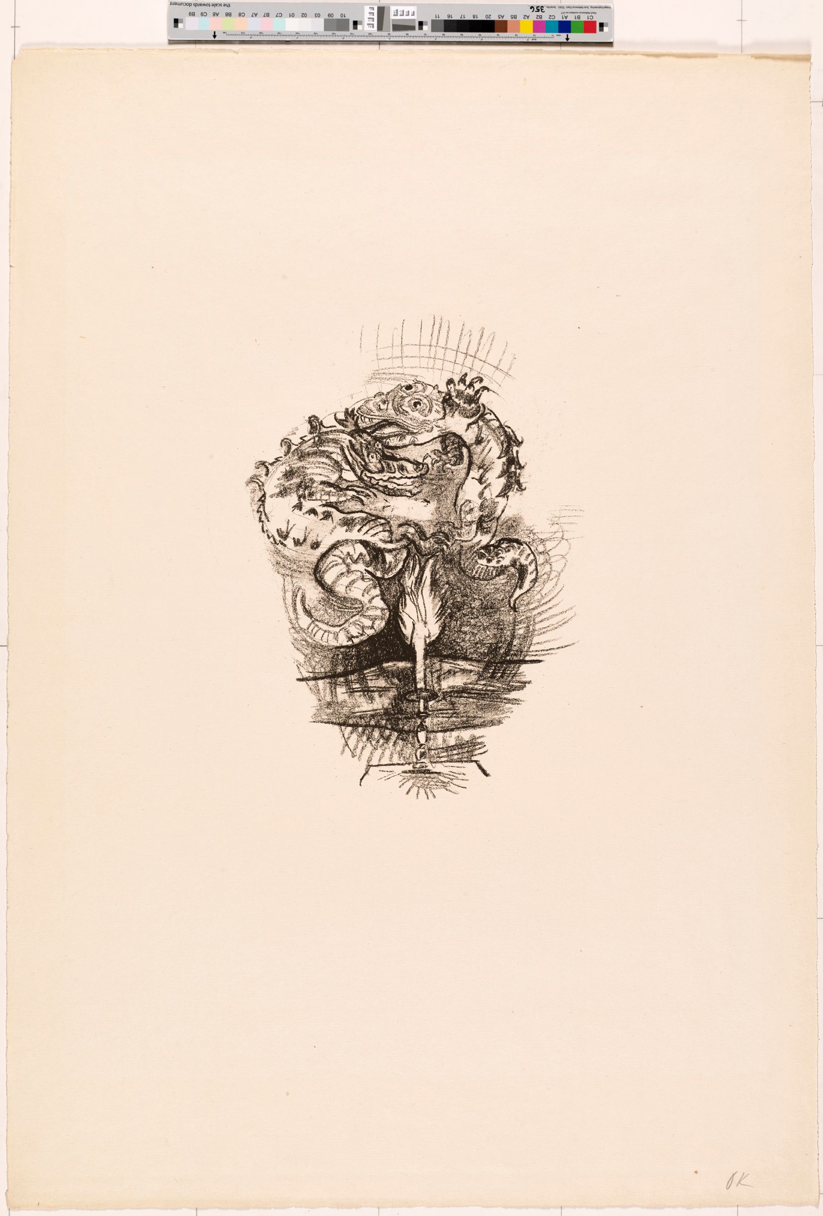 Abstraktes Bildmotiv. Zeichnung von zwei Drachen über einer Flamme.