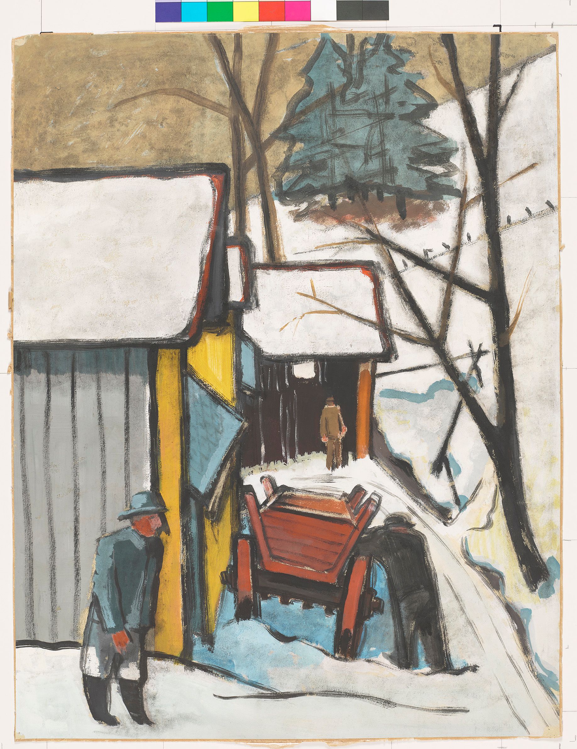in schneebedeckter Landschaft sind auf der linken Seite ein kleines Gebäude, vermutlich ein Schuppen oder eine Scheune, zu sehen vor dem eine Person mit Hut steht. Daneben, in der unteren Mitte des Bild, ist ein Karren aus Holz, der von einer weiteren Person geschoben wird. Im Hintergrund, in der Mittel des Bildes, steht vor einem geöffneten Teil des Gebäudes eine weitere Person. Der rechte Teil des Bildes besteht aus einem schneebedeckten Hang, der sich bis in den Hintergrund des Gebäudes zieht. Zwei winterlich karge Laubbäume rechts am Hang und im Hintergrund des Gebäudes sowie mehrere Nadelbäume oben am Hang komplettieren dabei die Umgebungslandschaft.