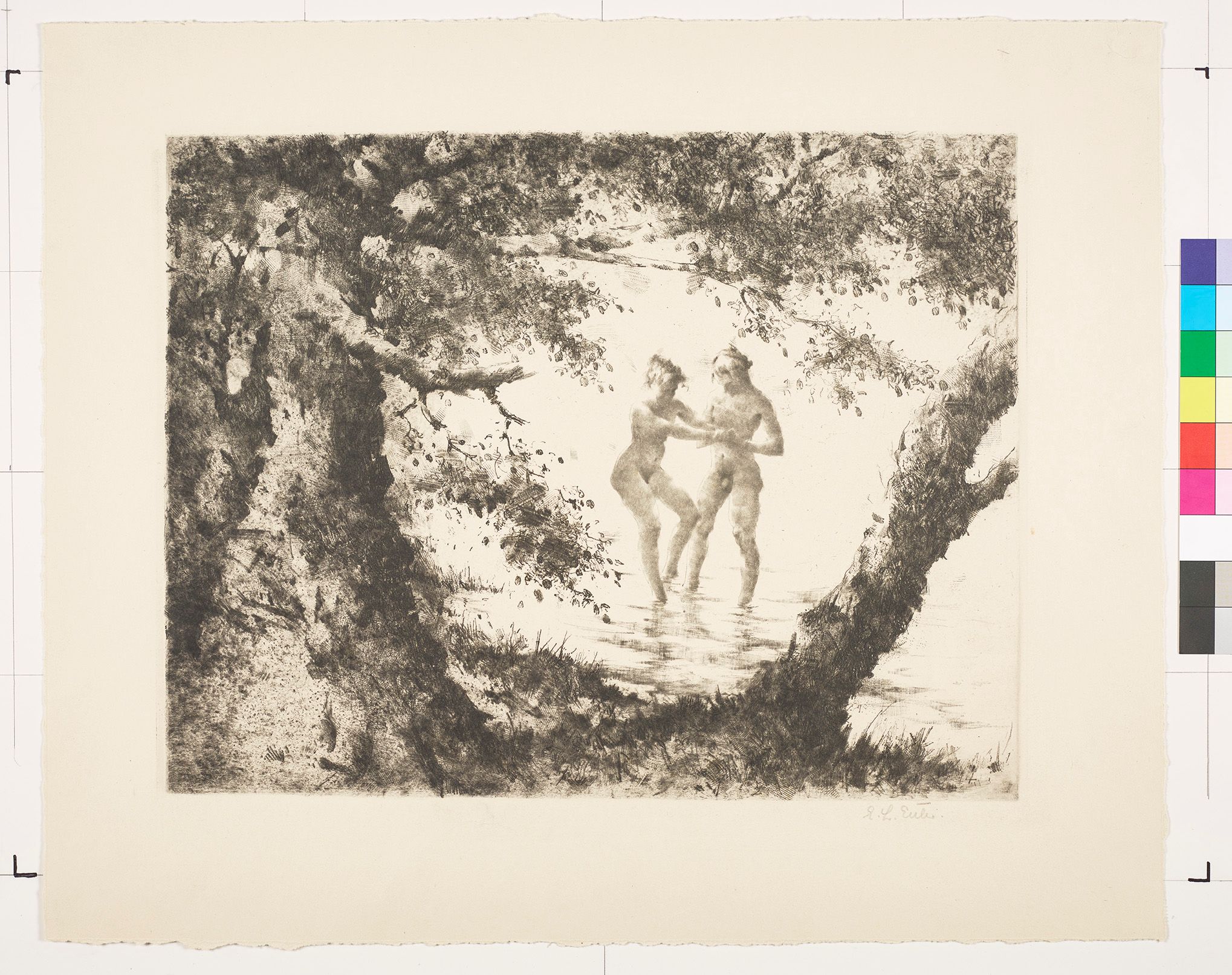 Ein nacktes Paar (Frau, Mann) am See. Im Vordergrund sind Bäume.