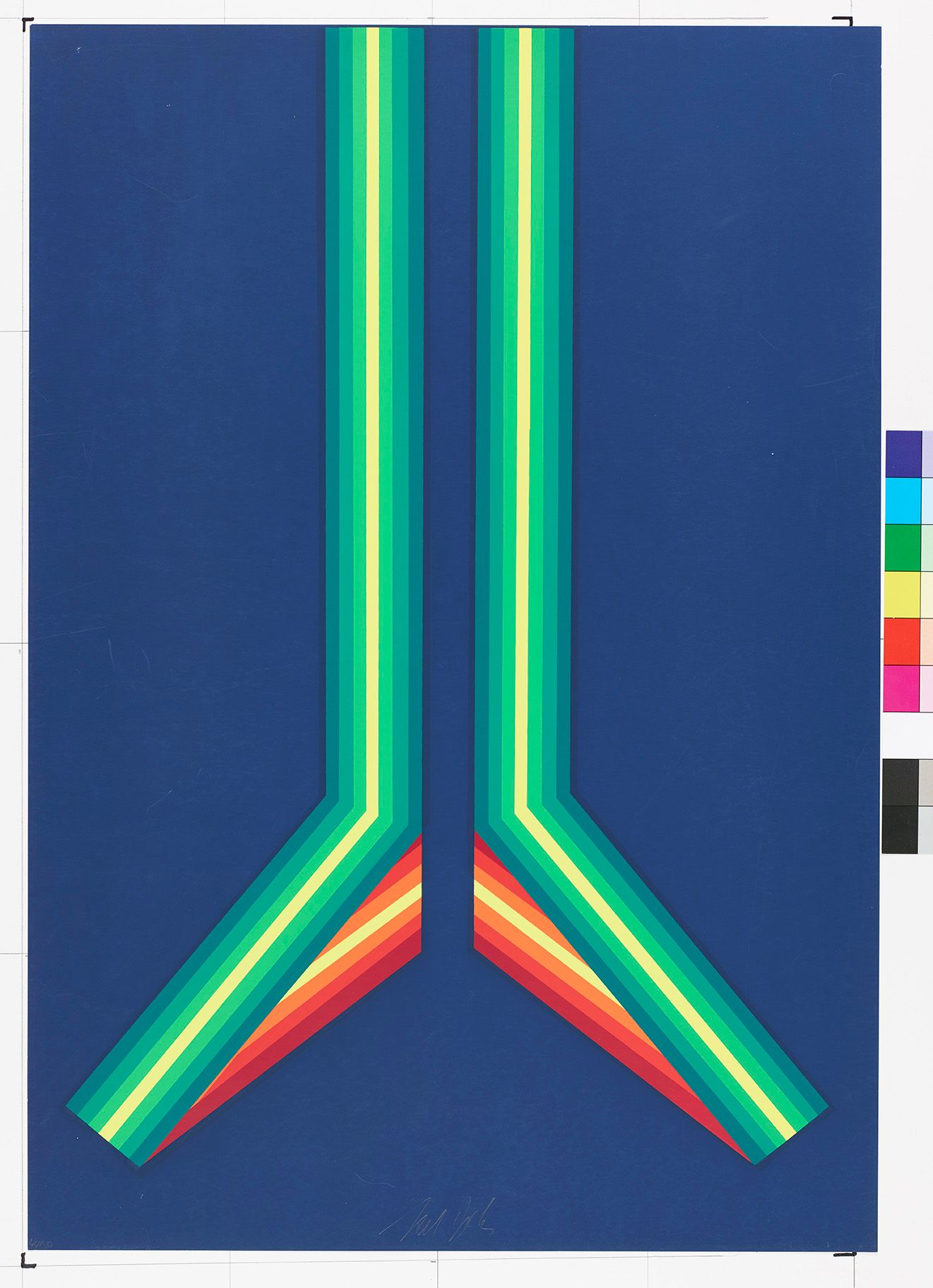 Optic-Art. Vertikale Balken, die zu einem Trichter verlaufen. Die Balken sind in schmalere Balken mit Farbstufungen geteilt (Farben: rot, orange, gelb, blau, türkis).