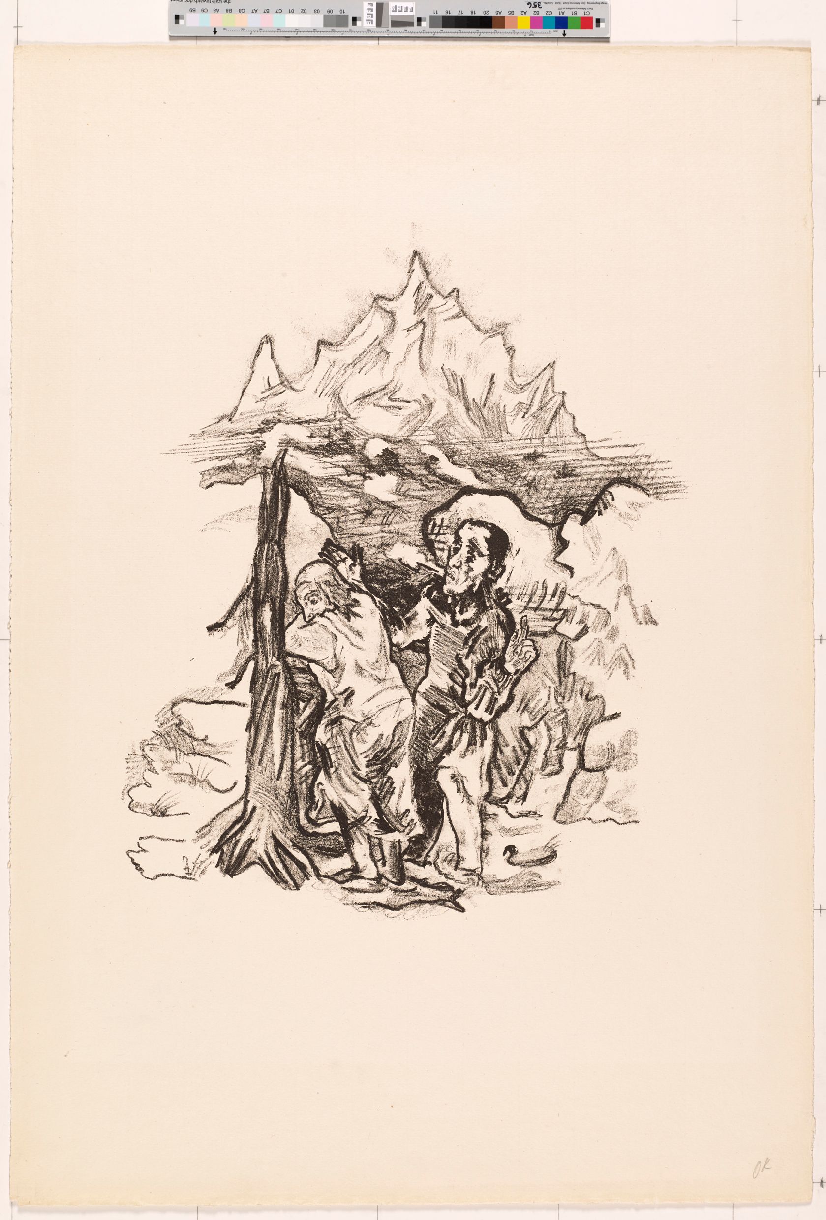 Zeichnung. Zwei Männer beim Holzfällen. Im Hintergrund ist eine Gebirgslandschaft.
