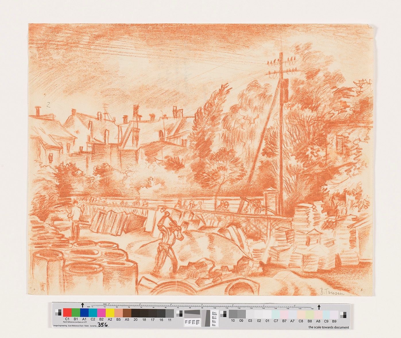 Skizze einer Straße. Auf der vorderen Straße arbeiten zwei Männer. Im Hintergrund laufen mehrer Personen an den Arbeiten vorbei und man sieht eine Stadtlandschaft. 