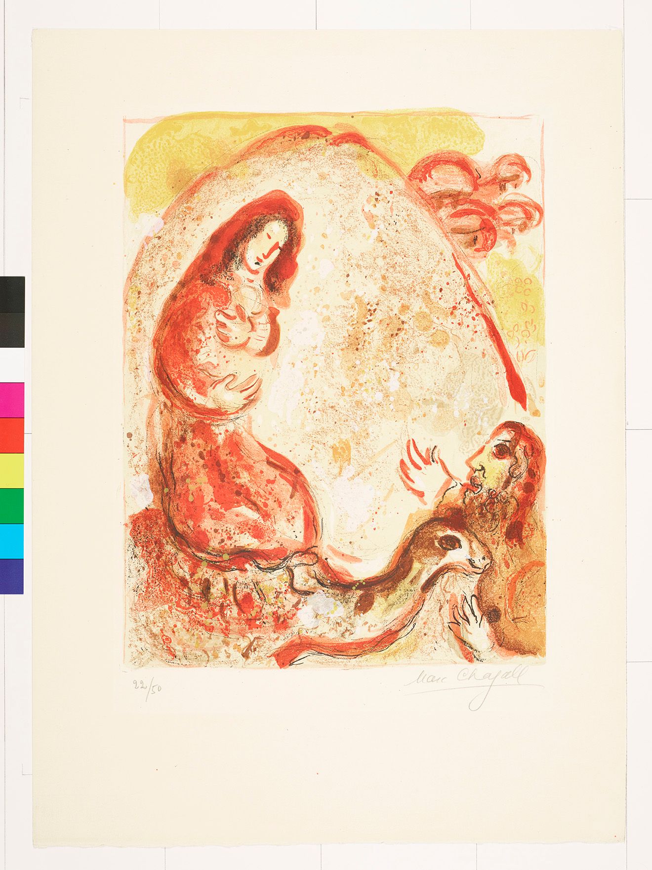 Abstraktes Bildmotiv. Auf der linken Bildhälfte sitzt eine Frau in einem roten Kleid auf einem Kamel. Sie hält etwas im Arm. Schräg unter ihr ist das Seitenprofil eines Mannes. 