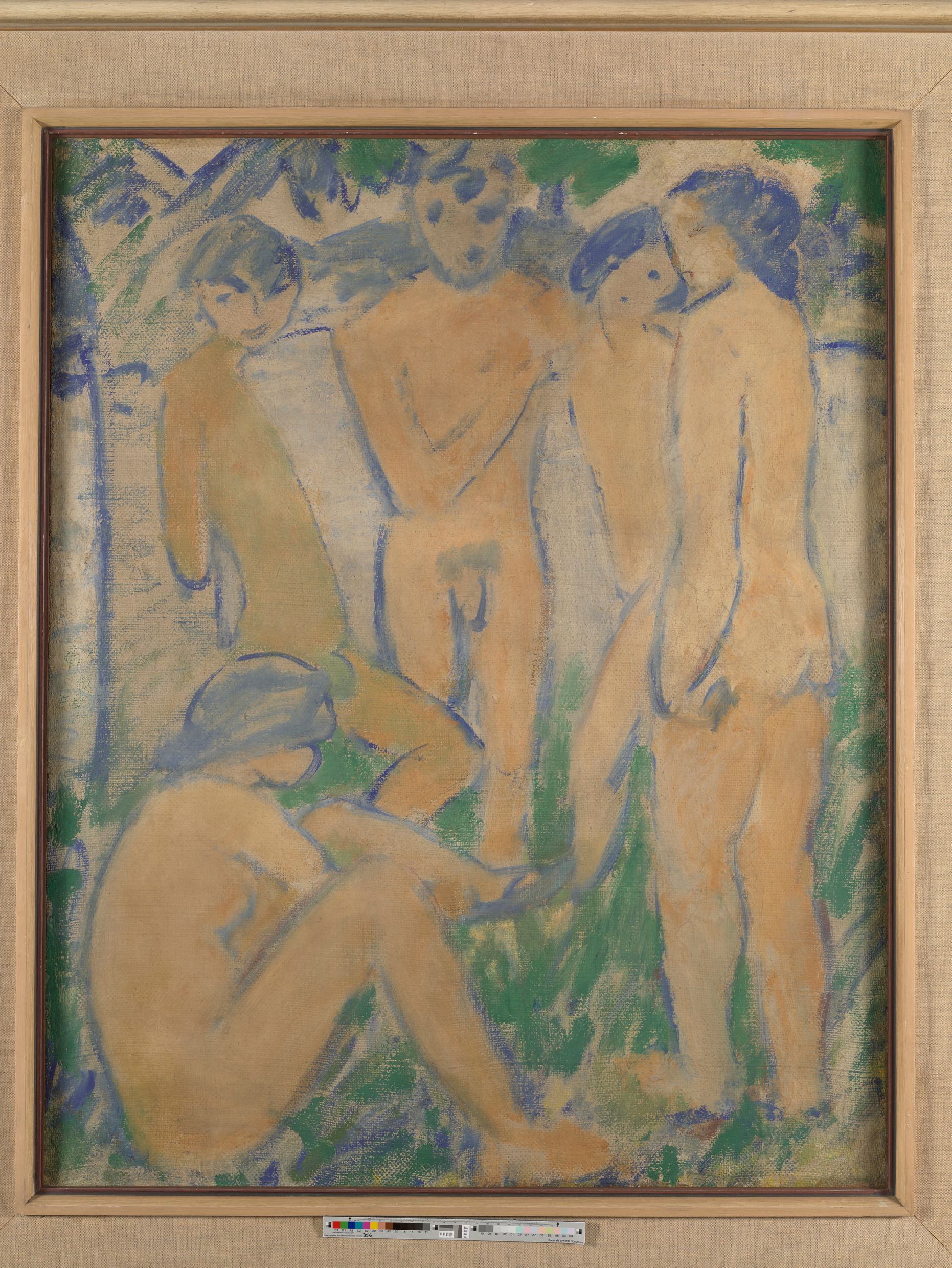 Eine Gruppe von nackten Personen, vier stehend, eine sitzend.