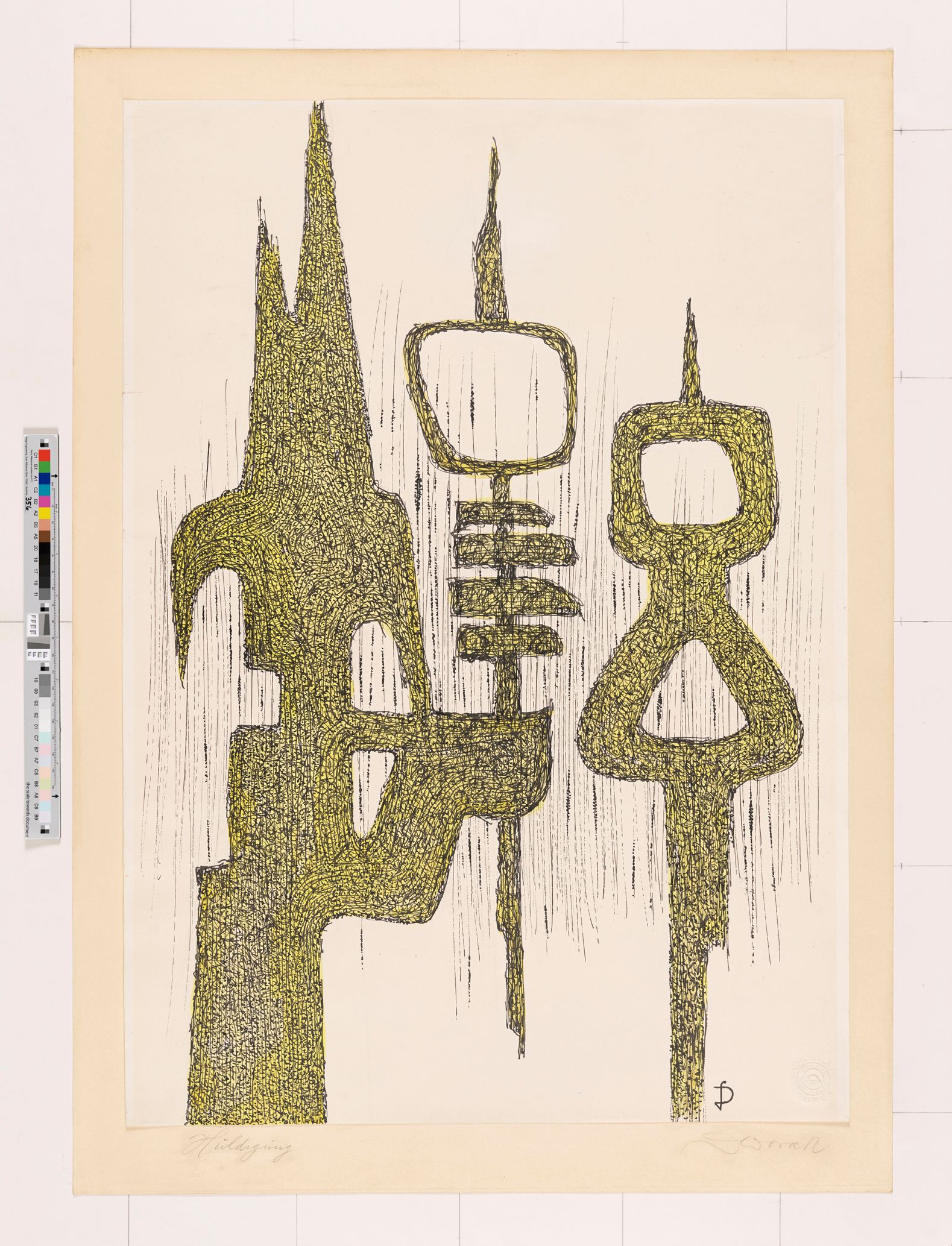 Abstraktes Bildmotiv. Geometrische Formen bilden nicht definierbare Figuren (Formen: Dreieck, Rechteck, Viereck, Parallelogramm, rund), (Farben: gelb, schwarz).