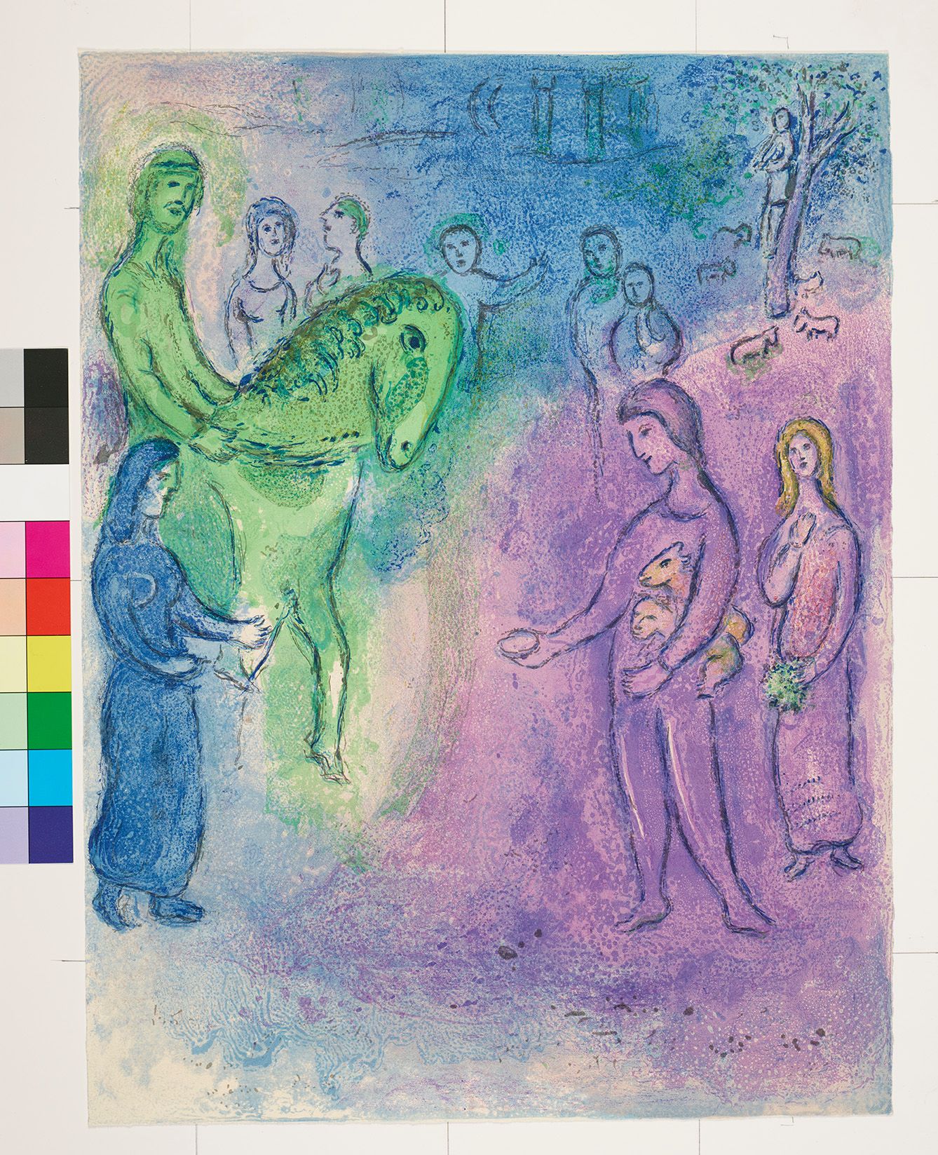 Abstraktes Bildmotiv. Auf der linken Bildhälfte sind ein reitender Mann und eine Frau die neben ihm steht. Auf der rechten Bildhälfte sind ein Mann und eine Frau. Der Mann hält zwei Ziegen im Arm. Das Bild ist farblich durch blau, grün und lila getrennt.