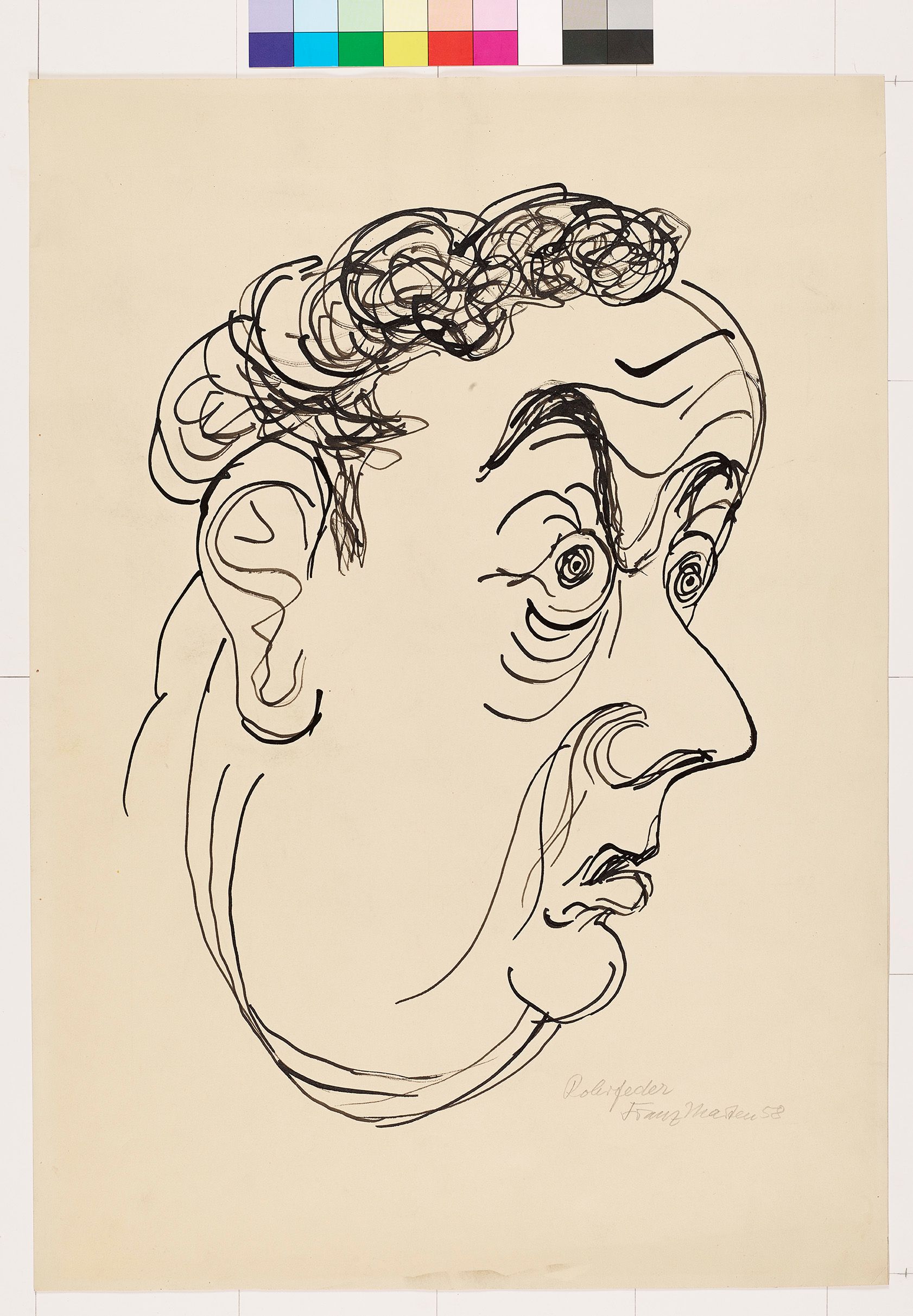 Portrait einer Person im Profil die nach rechts blickt.